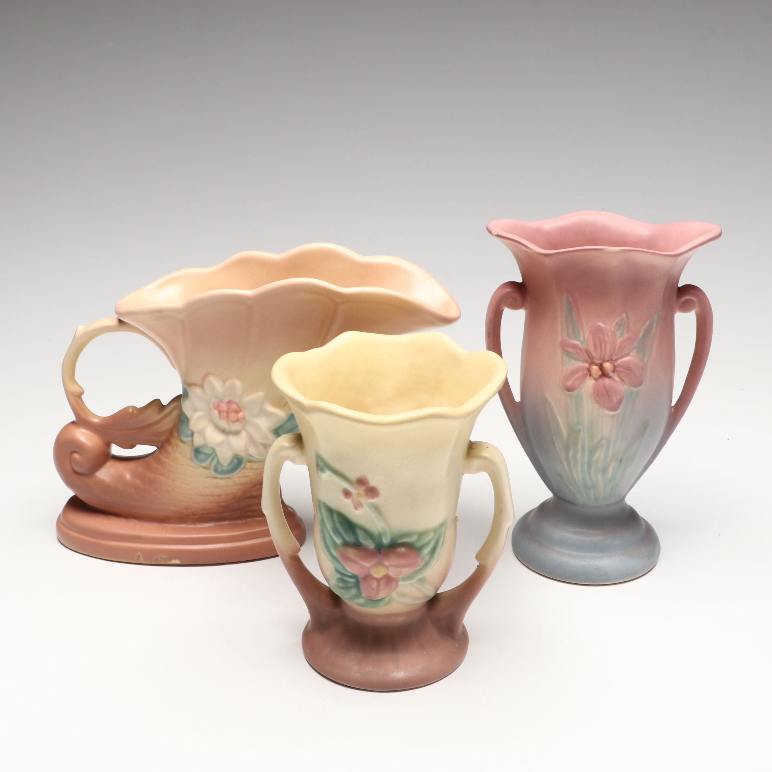 Hull Pottery "Magnolia" and "Wild Flower Yellow Rose" Ceramic Handled Vases