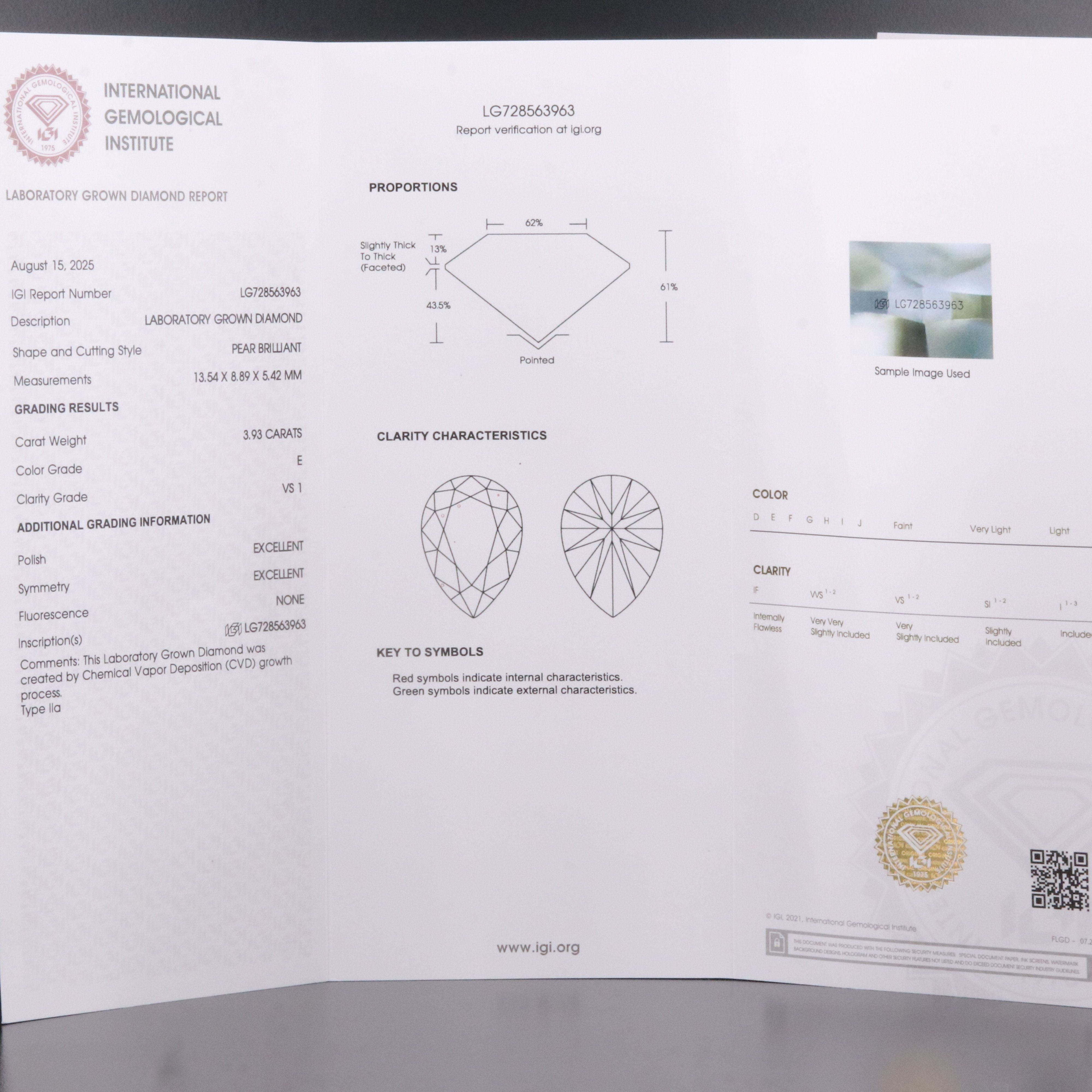 Loose 3.93 CT Lab Grown Diamond with IGI Report