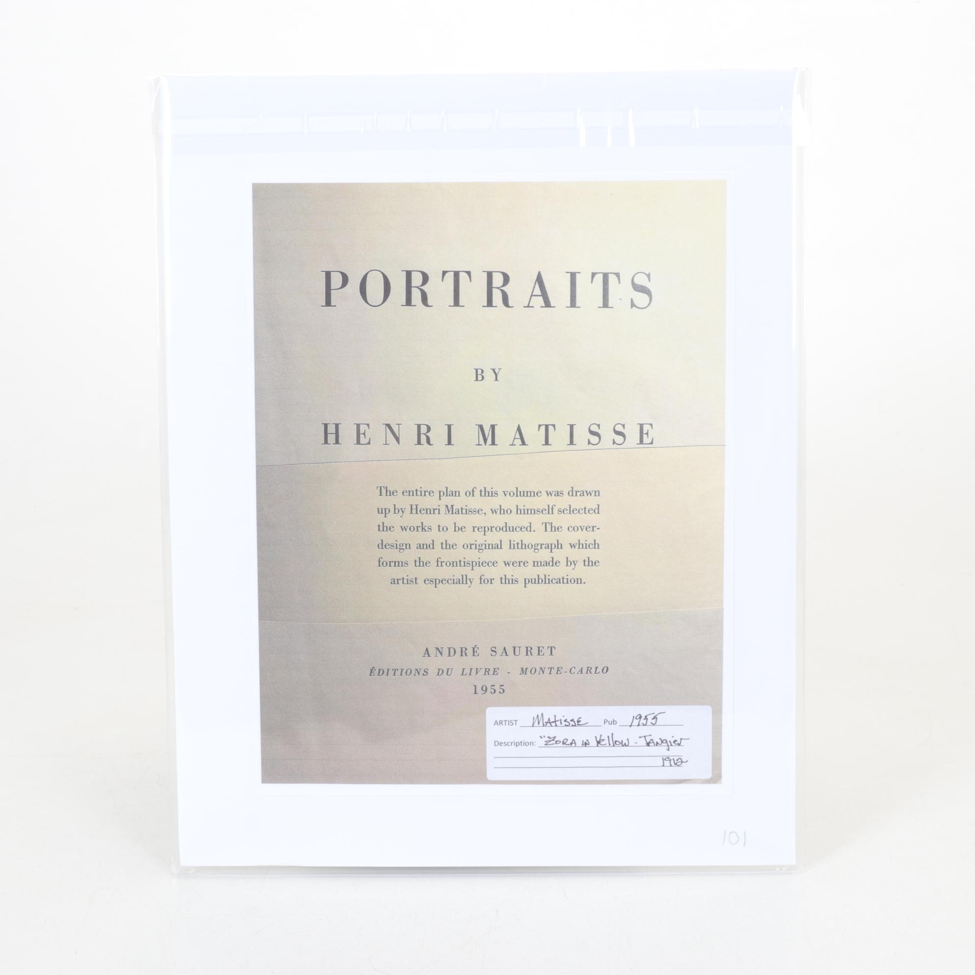 Henri Matisse Reproduction Portrait Color Lithograph "Zorah in Yellow"