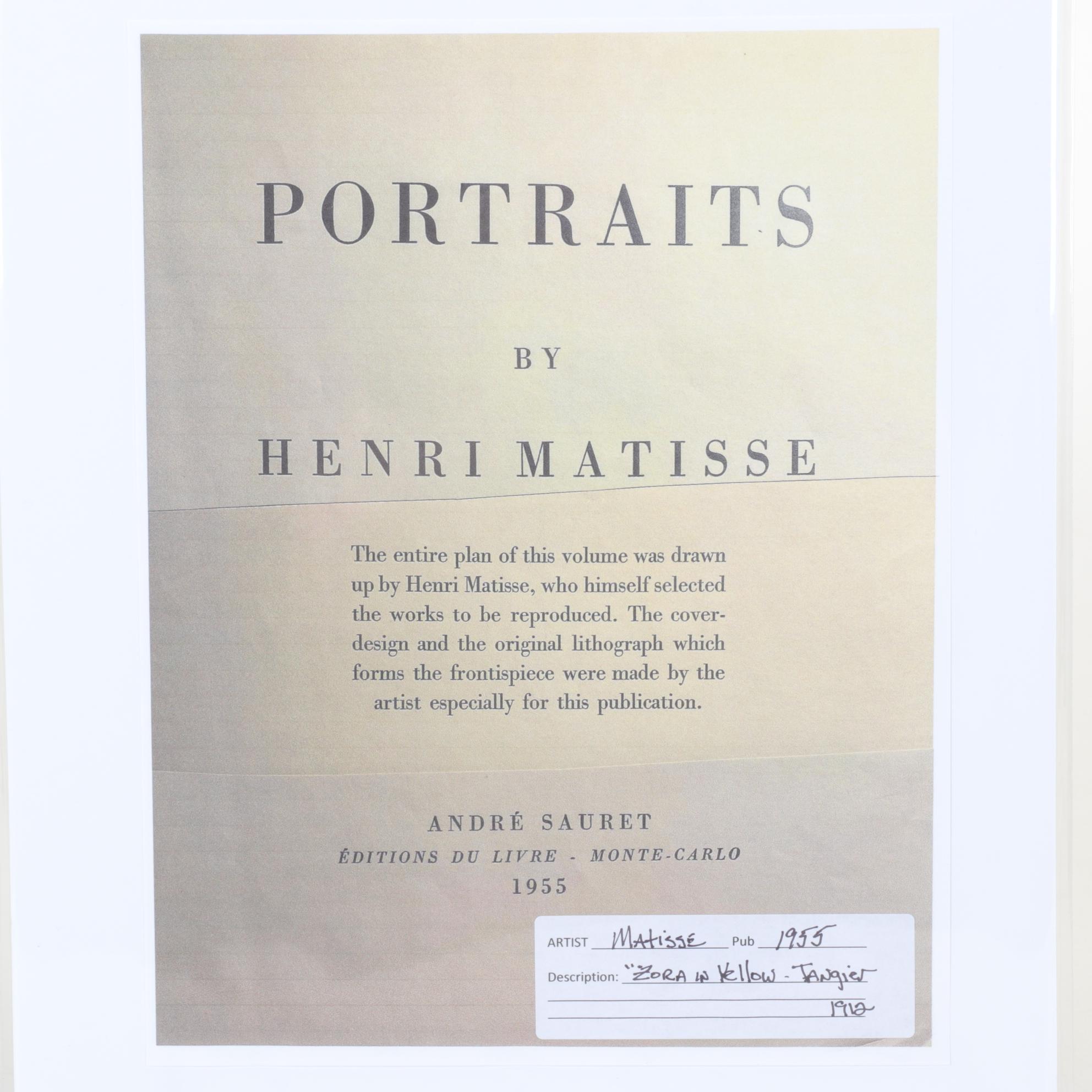 Henri Matisse Reproduction Portrait Color Lithograph "Zorah in Yellow"