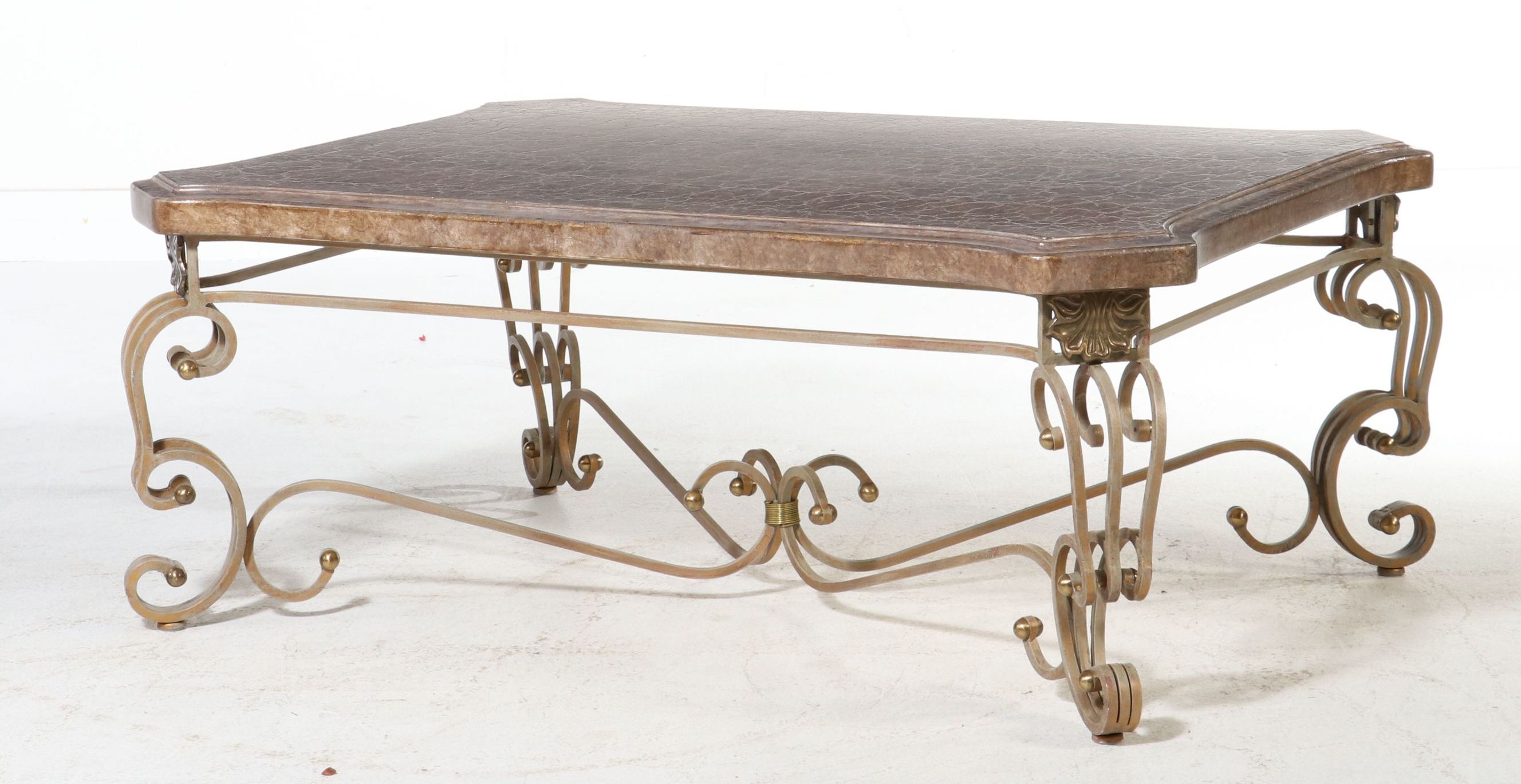 Mediterranean Revival Wrought Iron and Marble-Top Scroll-Base Coffee Table