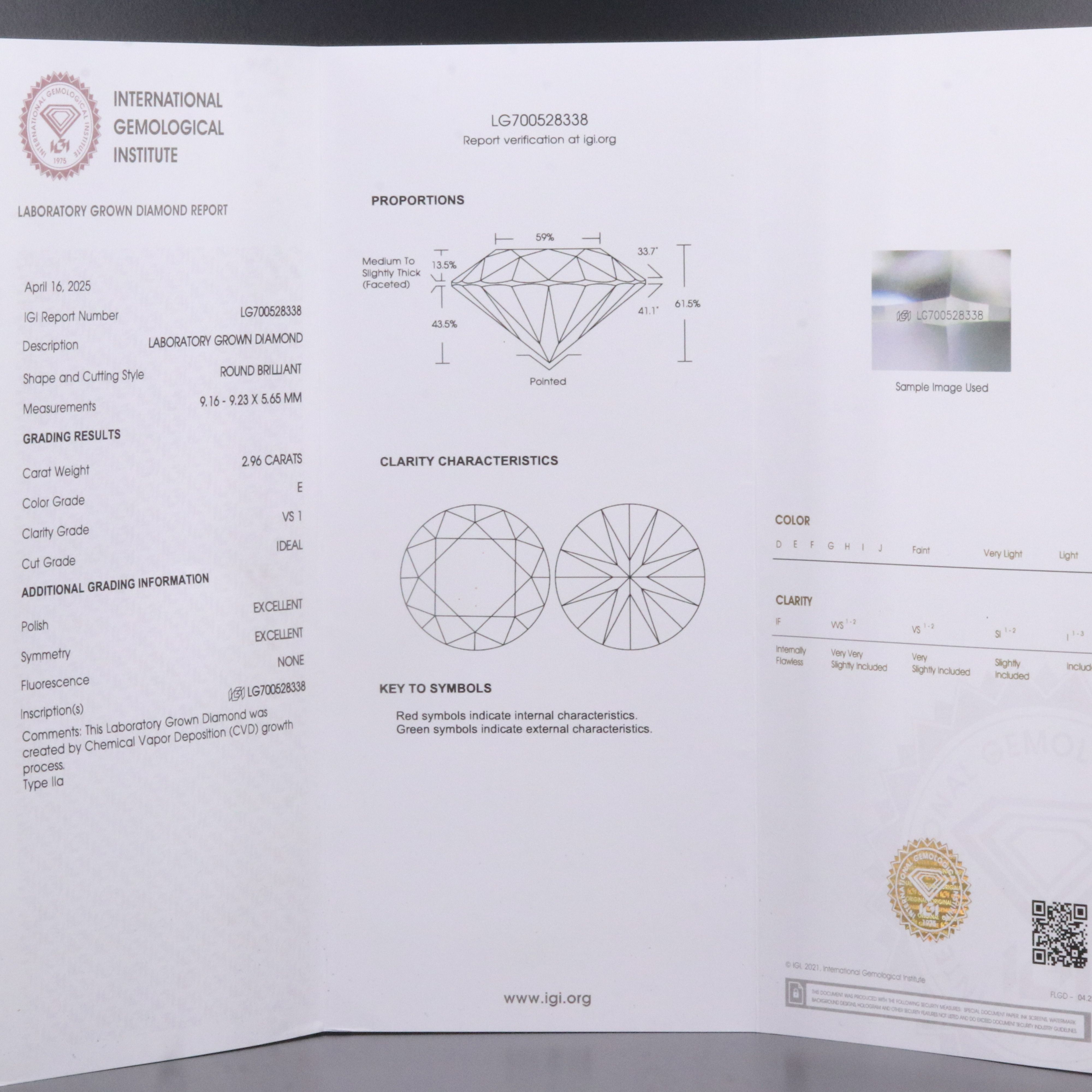 Loose 2.96 CT Lab Grown Diamond with IGI Report