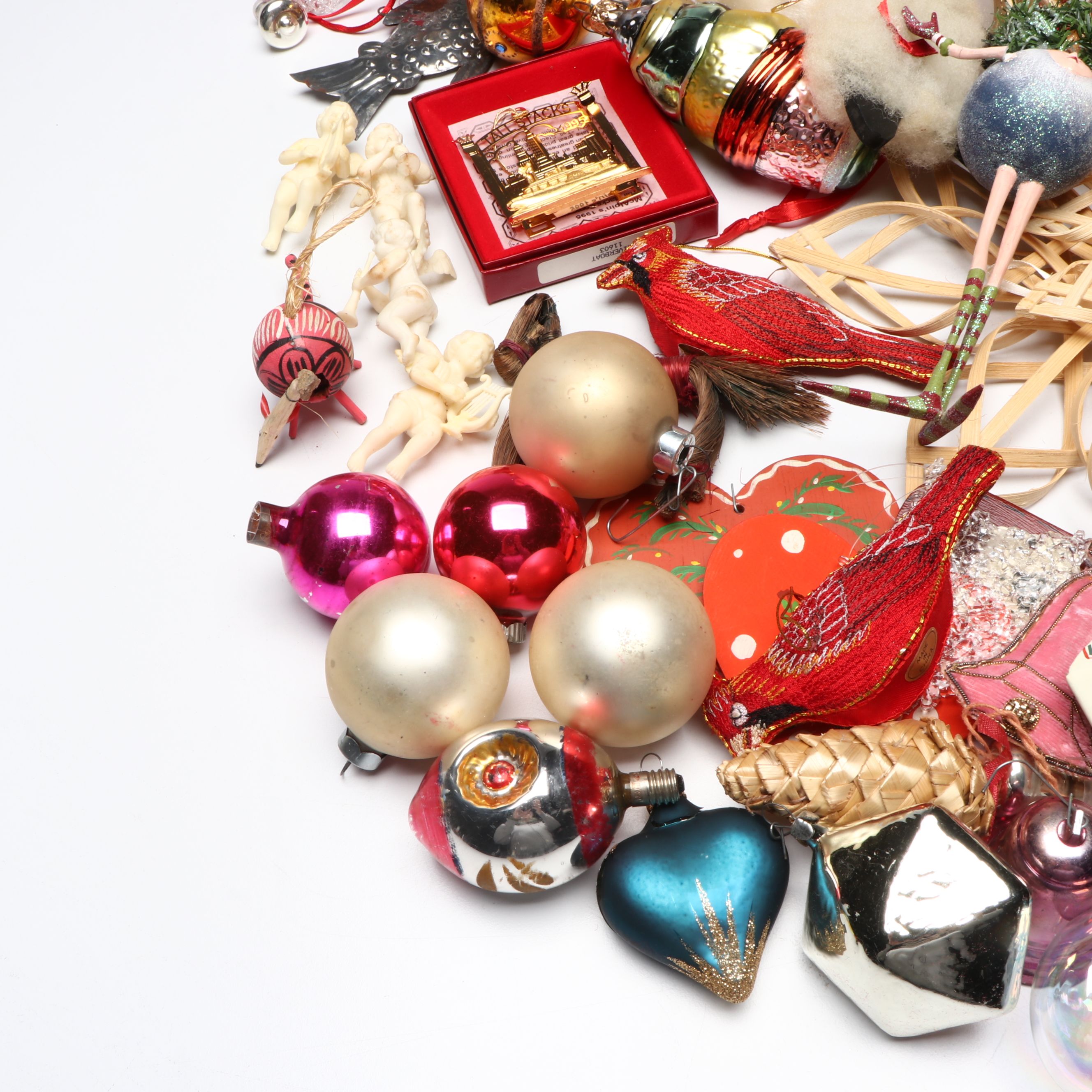 Rubber Face Santa Doll with Ornaments, More Christmas Décor, Mid to Late 20th C.