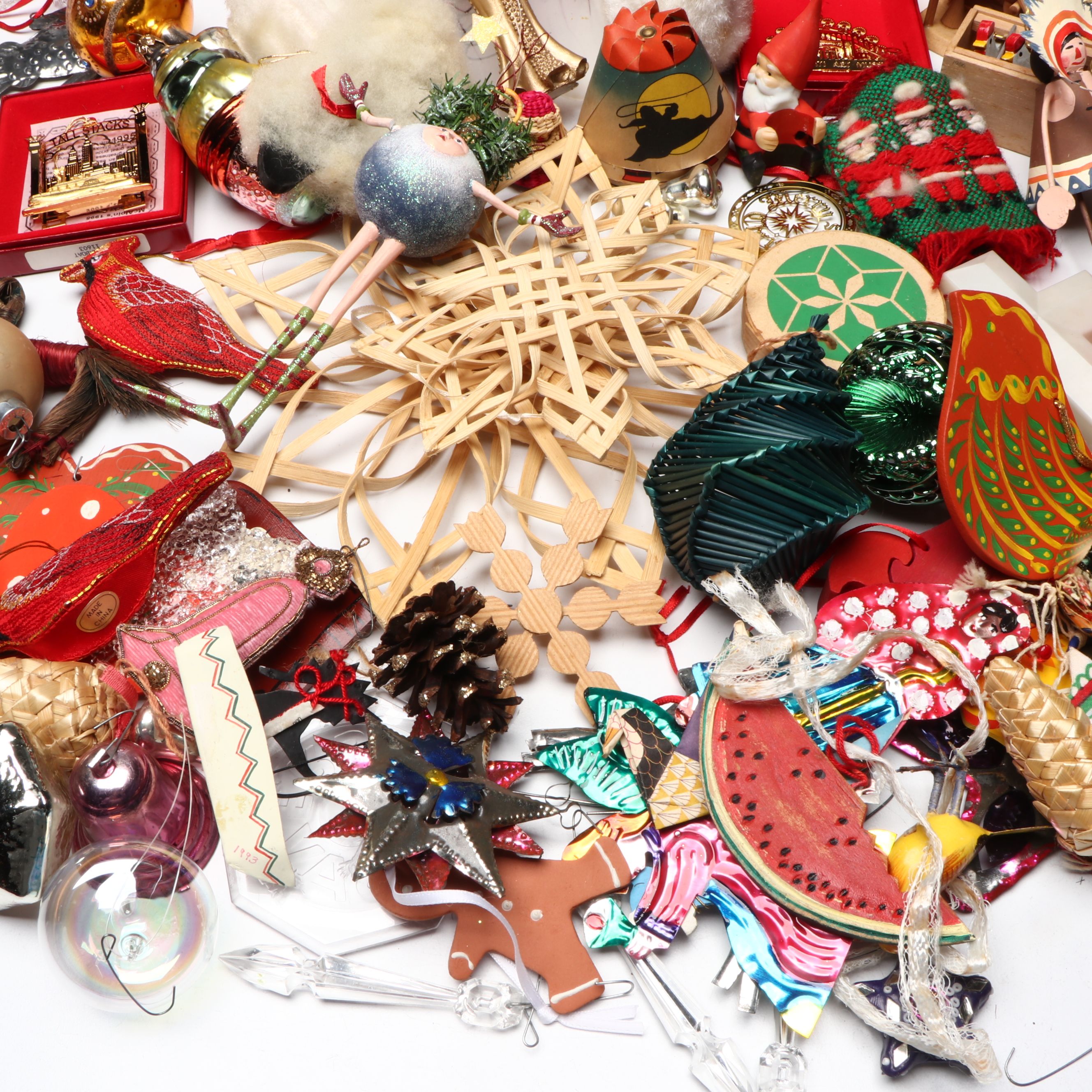 Rubber Face Santa Doll with Ornaments, More Christmas Décor, Mid to Late 20th C.