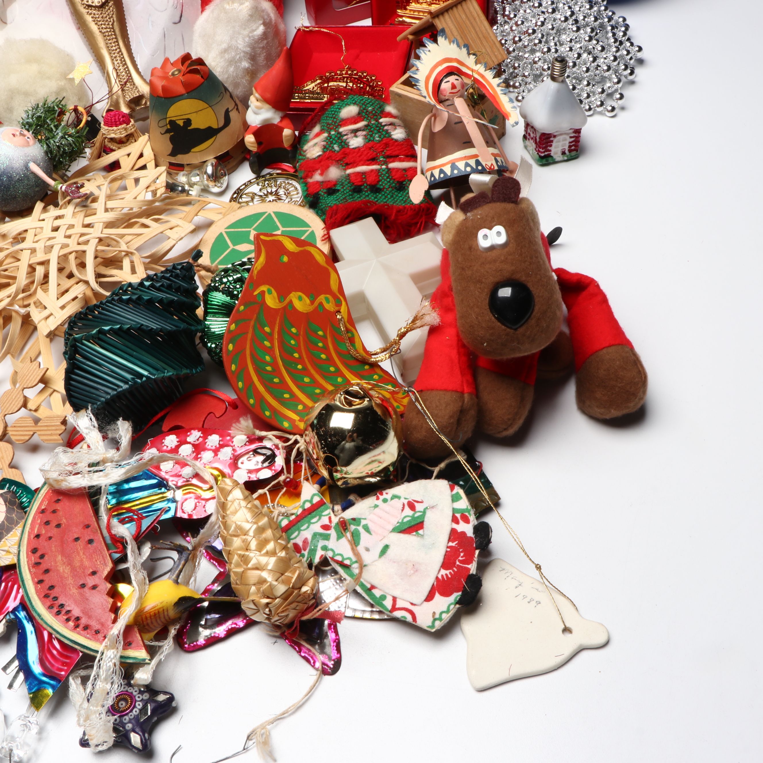 Rubber Face Santa Doll with Ornaments, More Christmas Décor, Mid to Late 20th C.