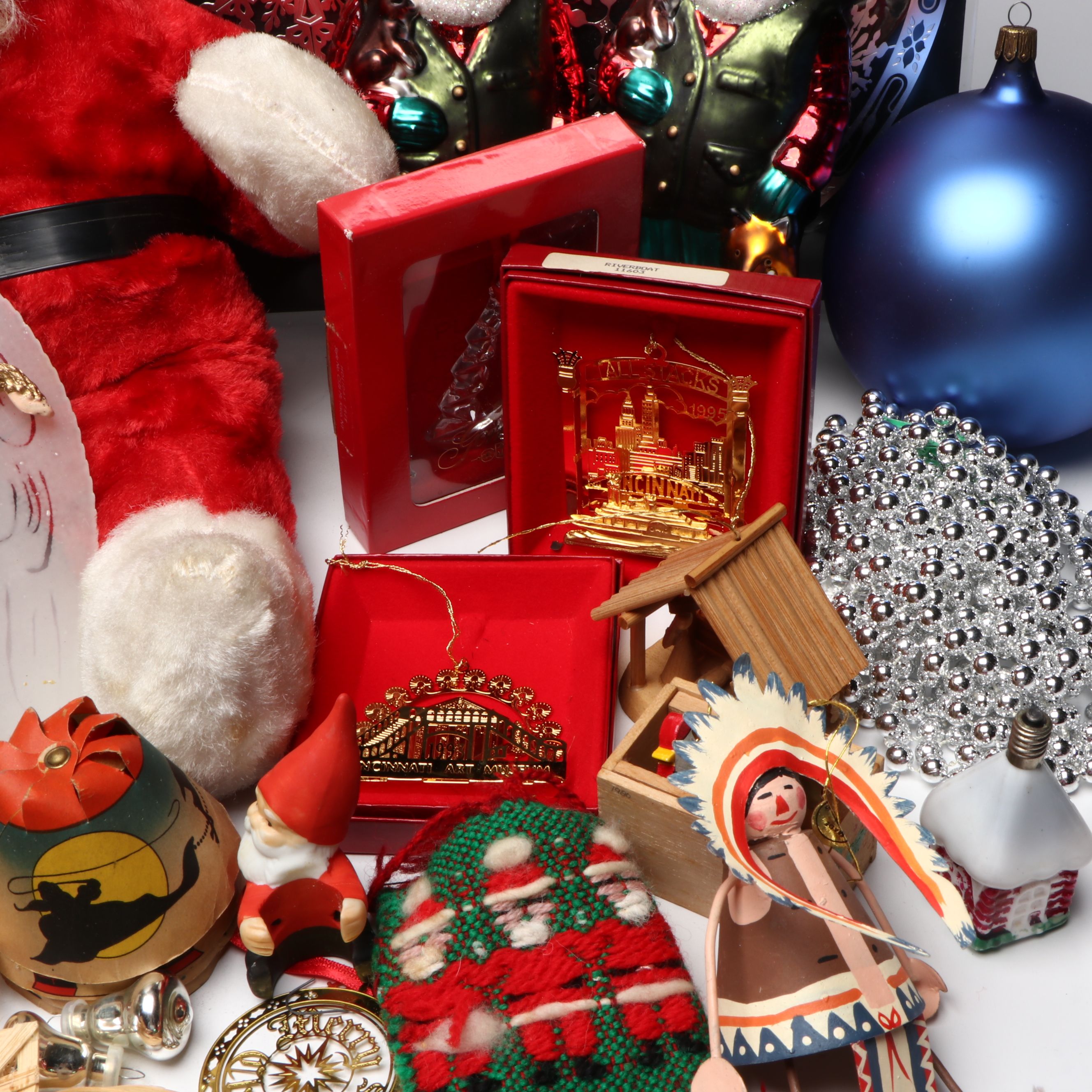 Rubber Face Santa Doll with Ornaments, More Christmas Décor, Mid to Late 20th C.