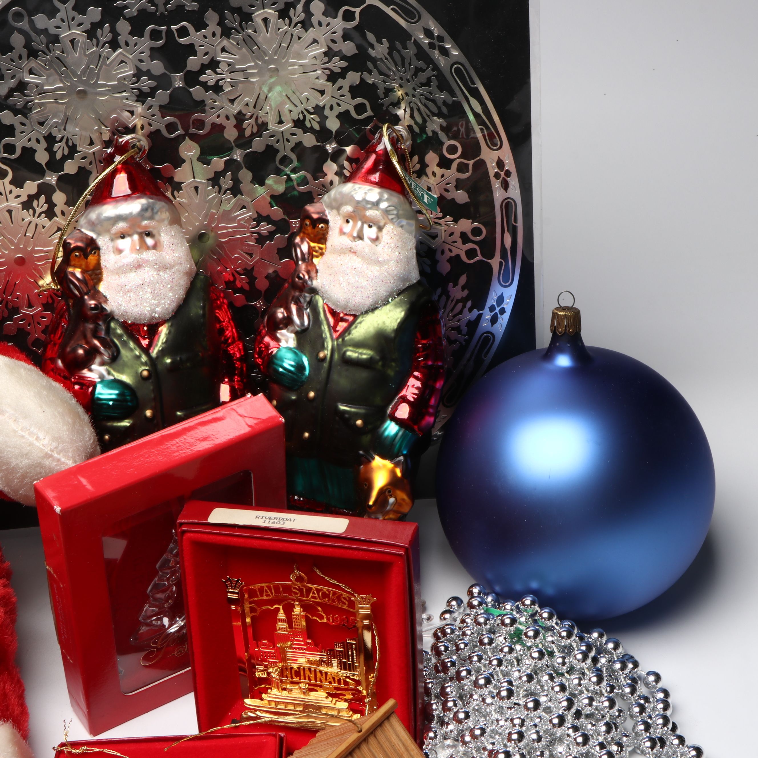 Rubber Face Santa Doll with Ornaments, More Christmas Décor, Mid to Late 20th C.