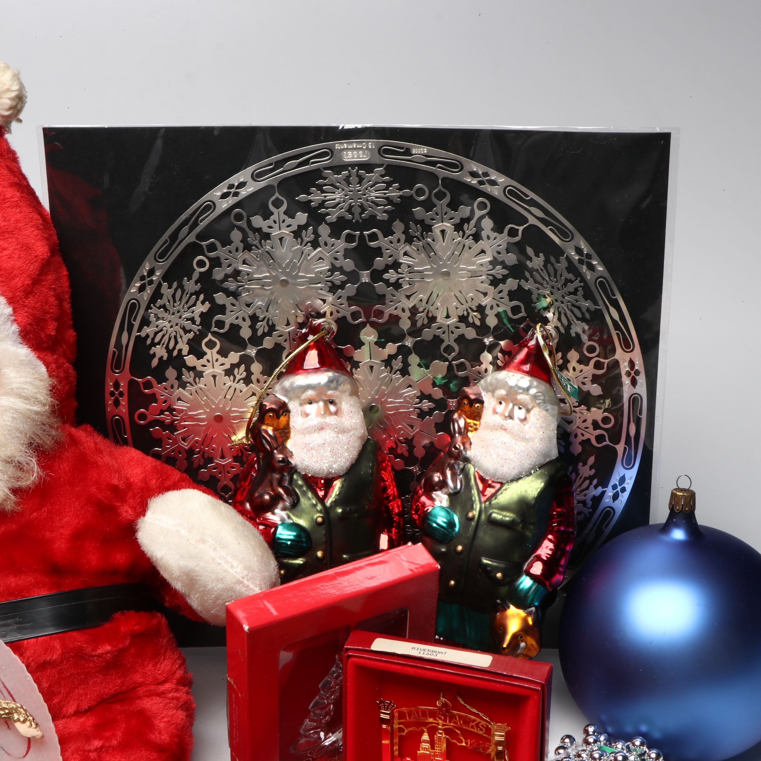 Rubber Face Santa Doll with Ornaments, More Christmas Décor, Mid to Late 20th C.