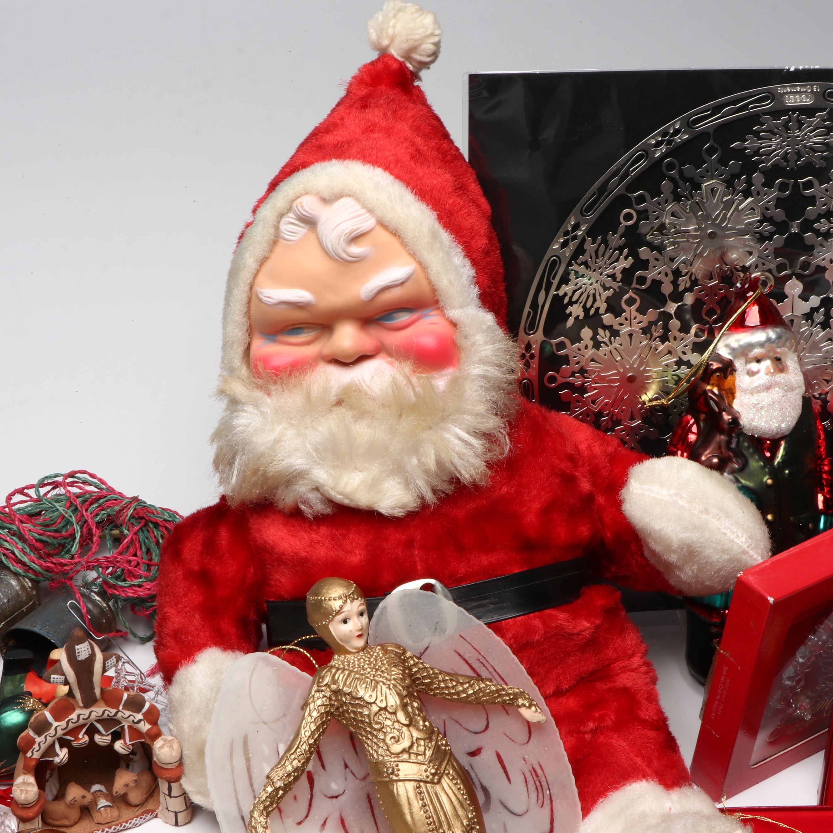 Rubber Face Santa Doll with Ornaments, More Christmas Décor, Mid to Late 20th C.