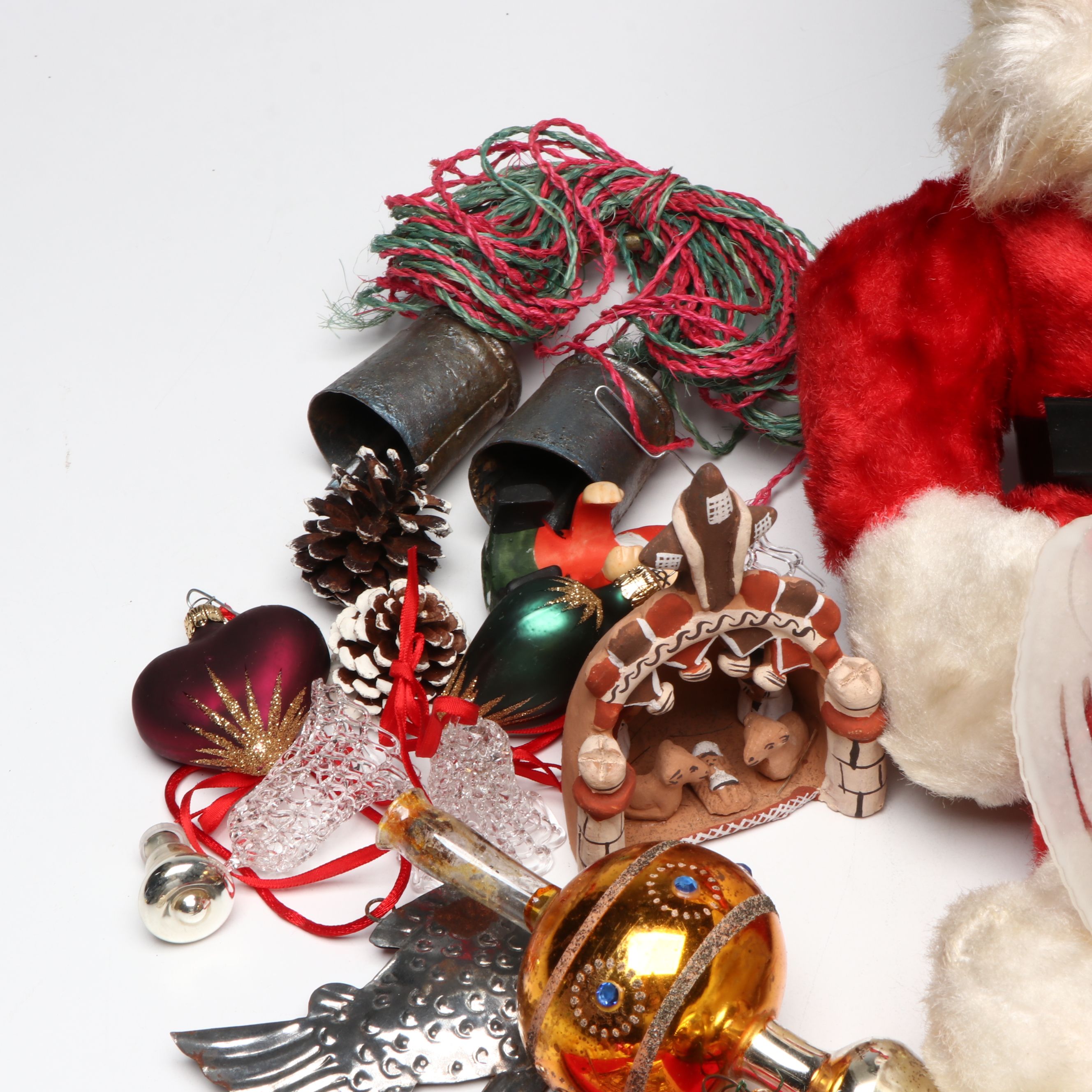 Rubber Face Santa Doll with Ornaments, More Christmas Décor, Mid to Late 20th C.