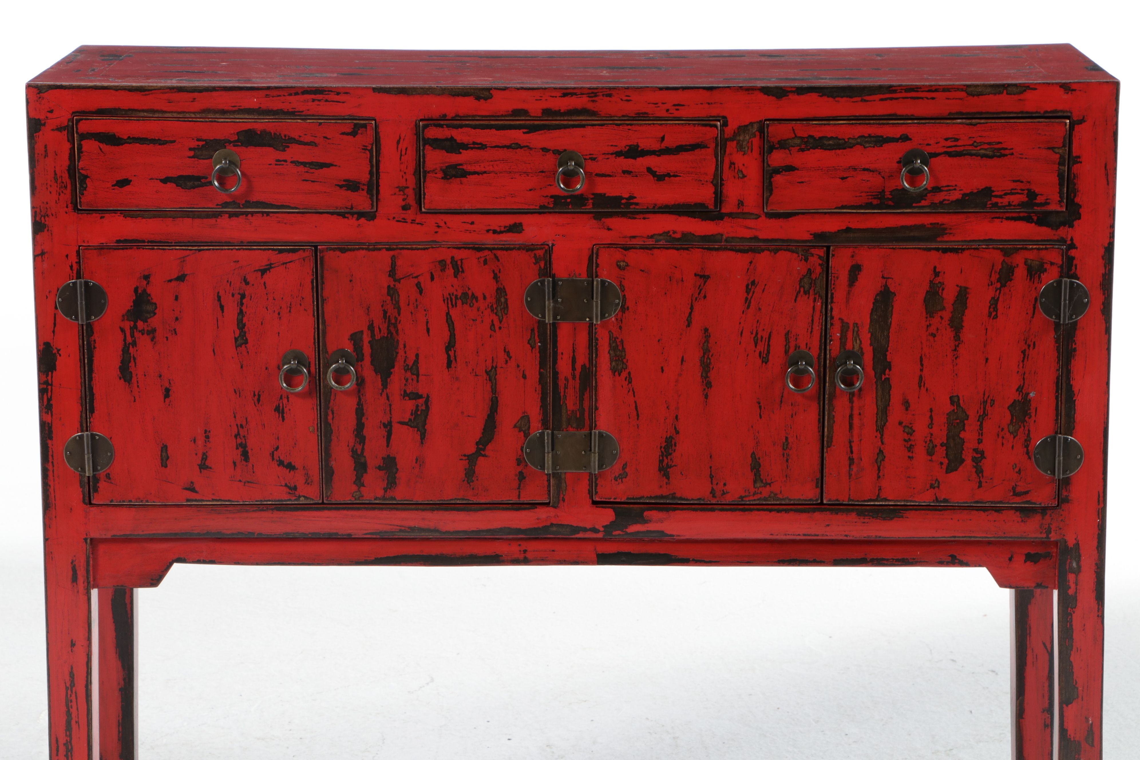 Tibetan Distressed Red Lacquered Sideboard