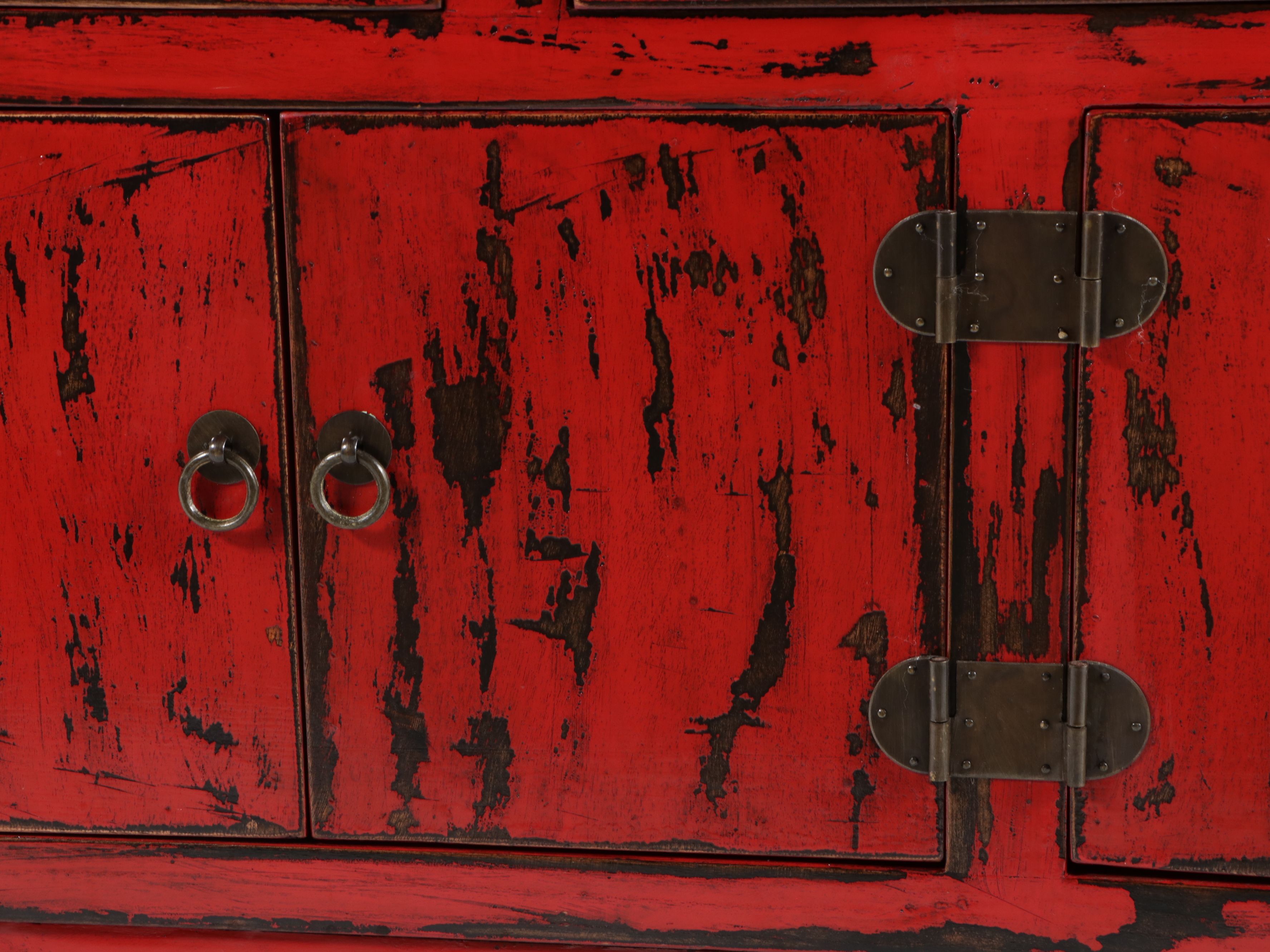 Tibetan Distressed Red Lacquered Sideboard