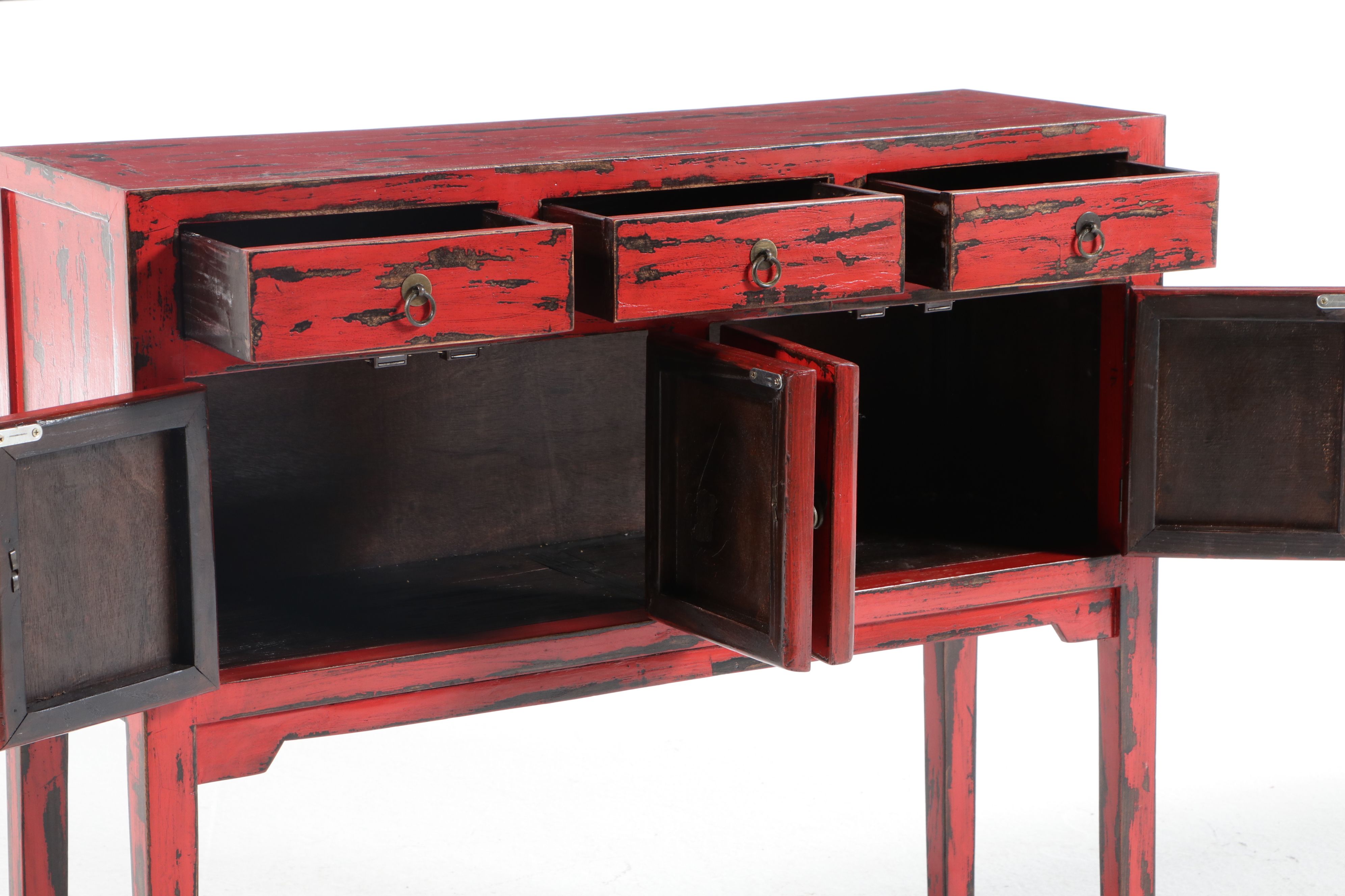 Tibetan Distressed Red Lacquered Sideboard