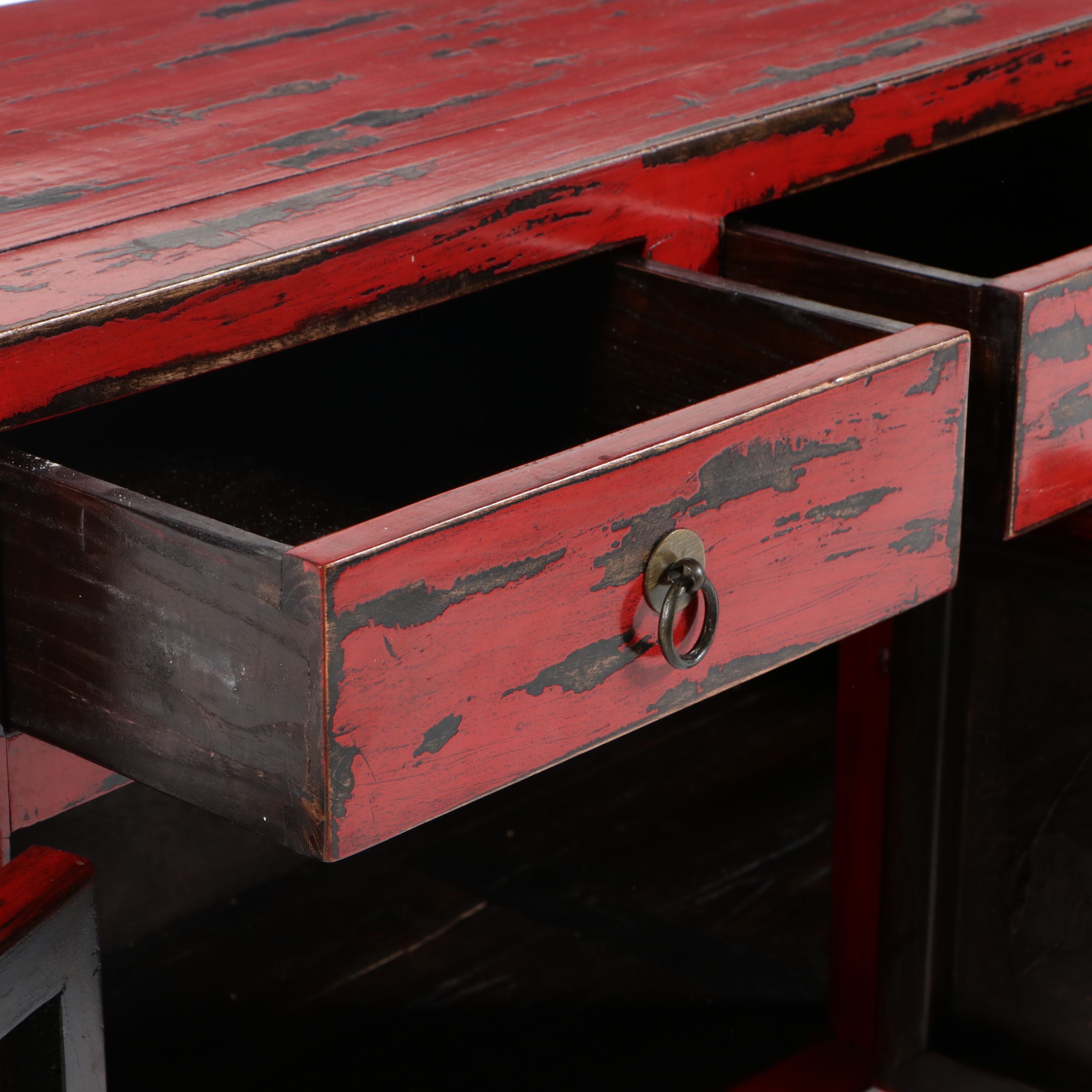Tibetan Distressed Red Lacquered Sideboard