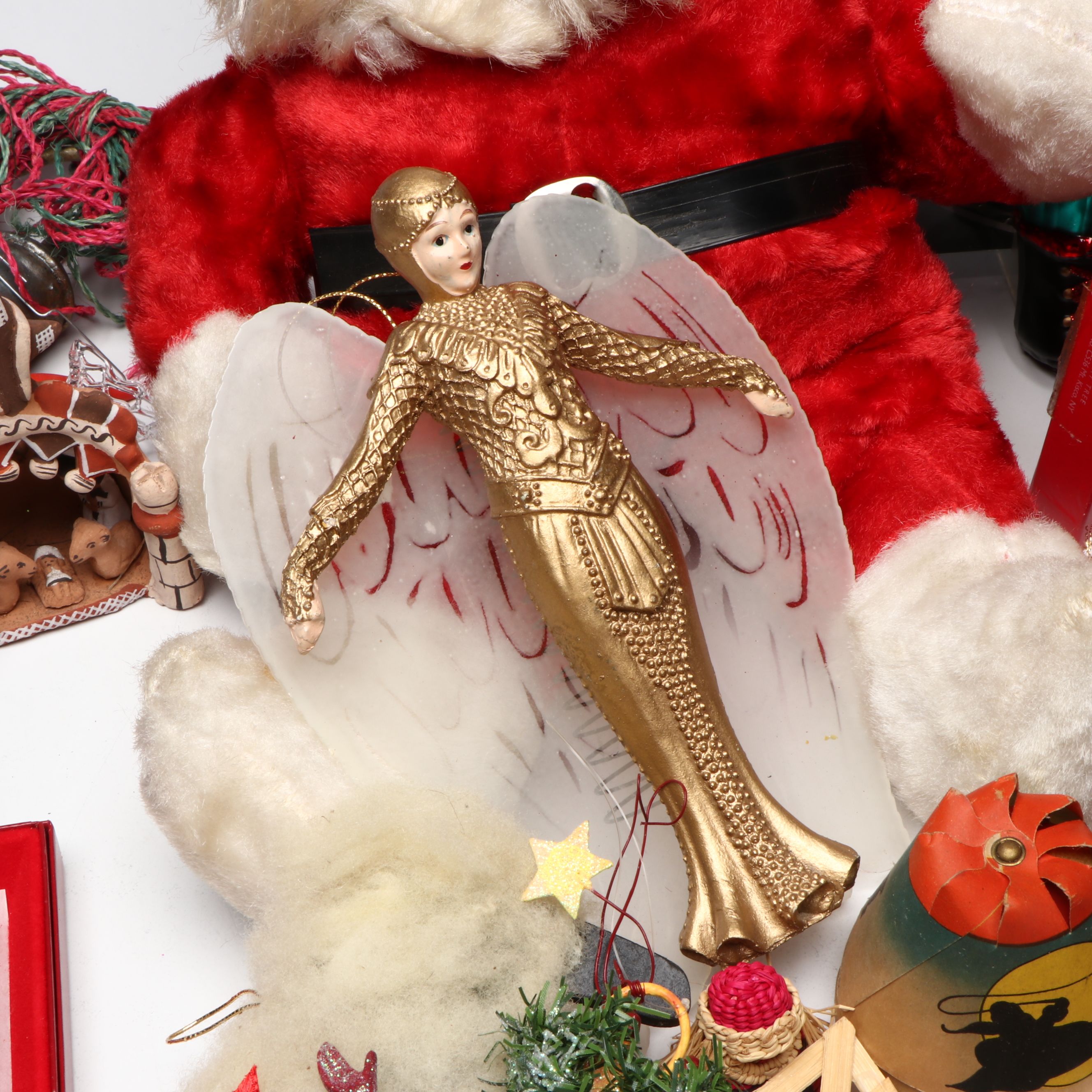 Rubber Face Santa Doll with Ornaments, More Christmas Décor, Mid to Late 20th C.