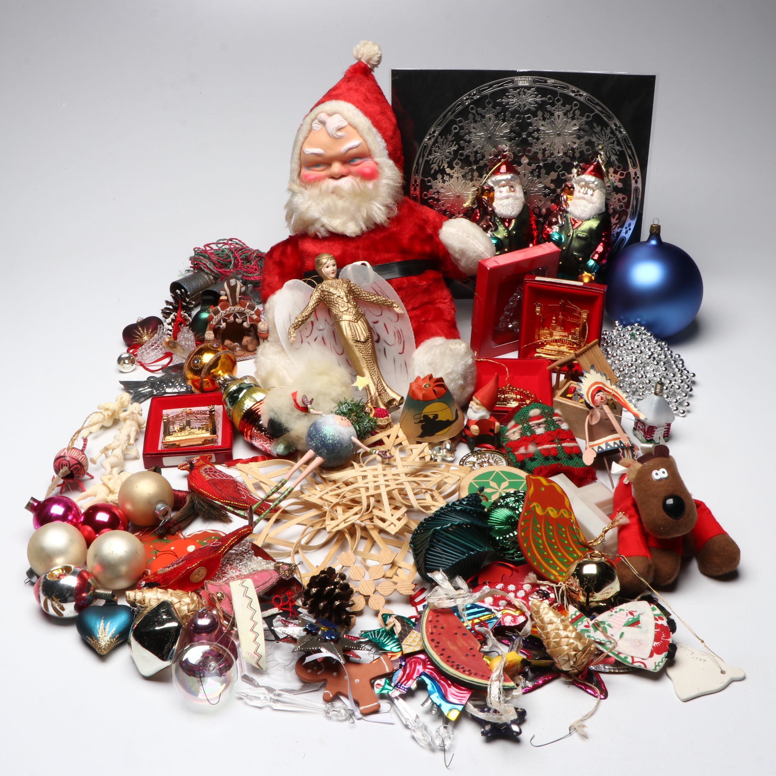 Rubber Face Santa Doll with Ornaments, More Christmas Décor, Mid to Late 20th C.