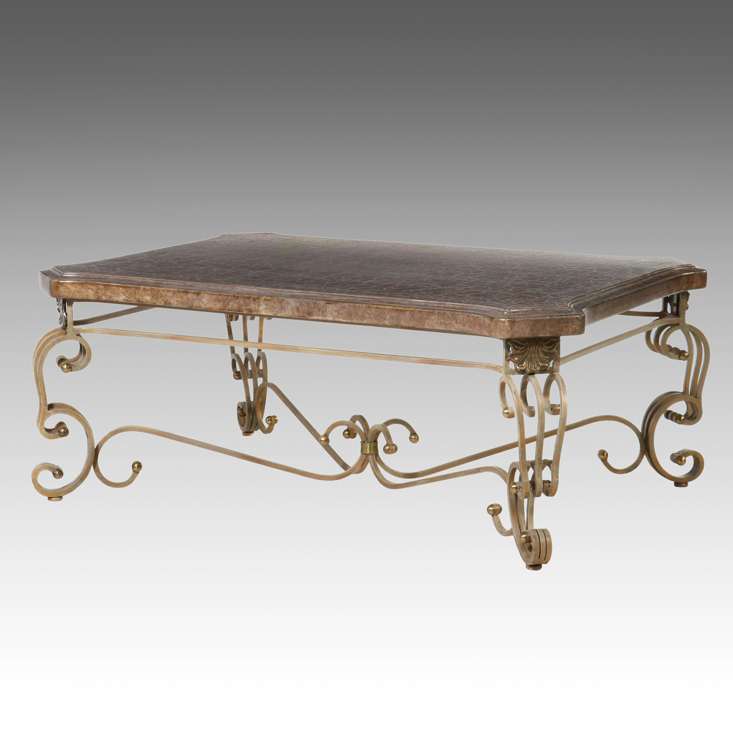 Mediterranean Revival Wrought Iron and Marble-Top Scroll-Base Coffee Table