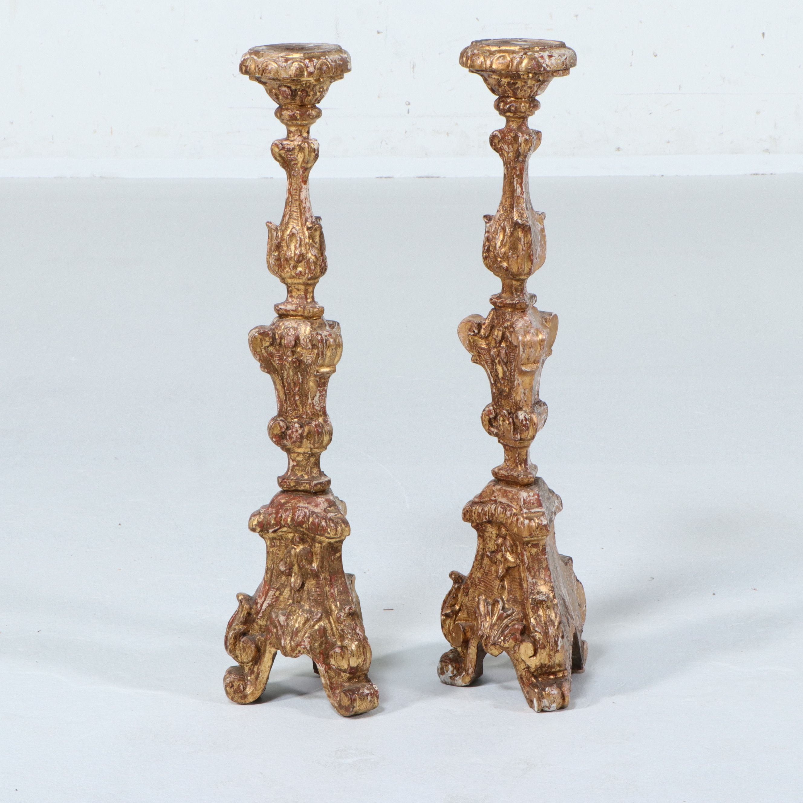 Baroque Style Distressed Giltwood Pillar Candle Holders