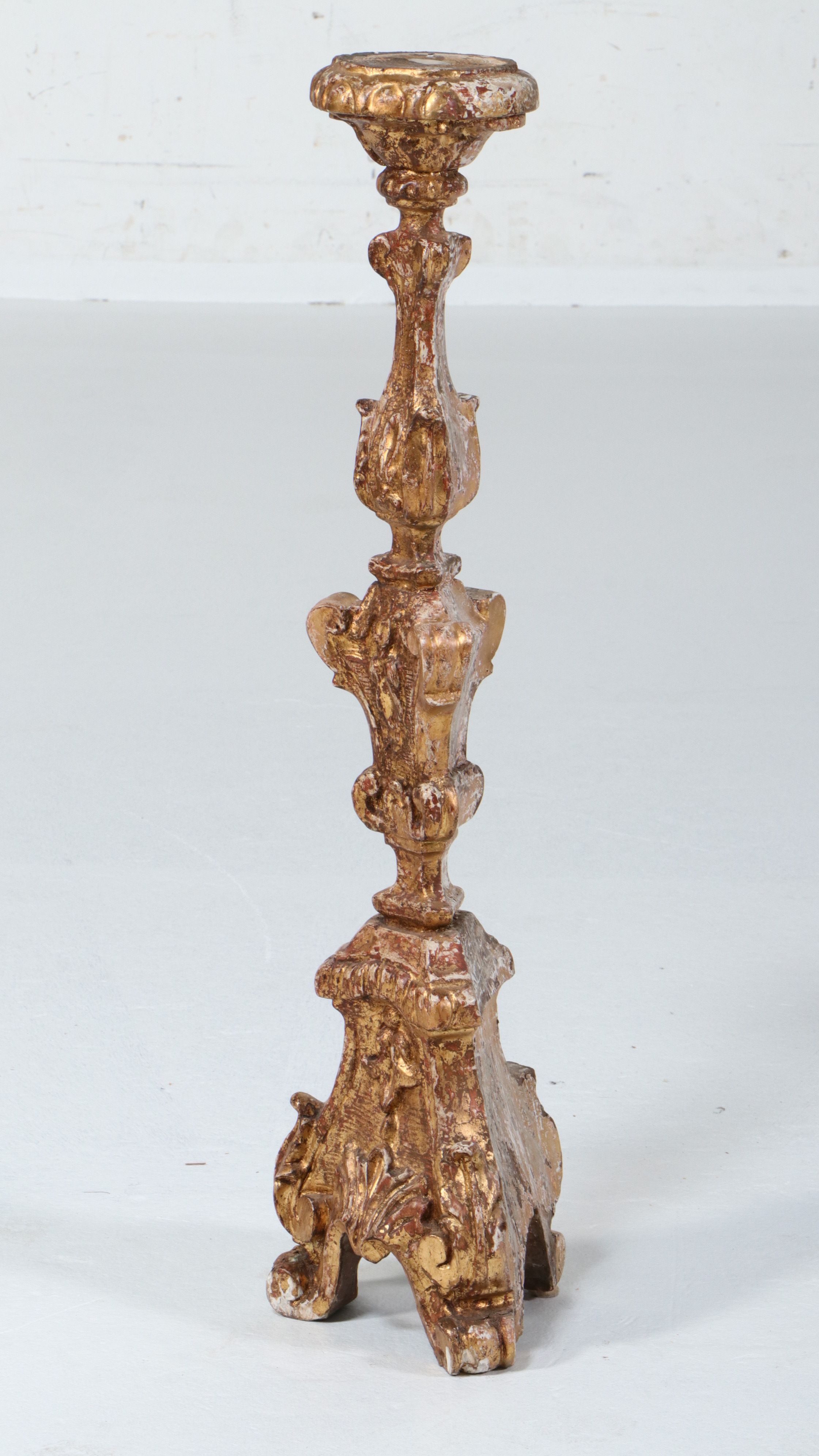 Baroque Style Distressed Giltwood Pillar Candle Holders