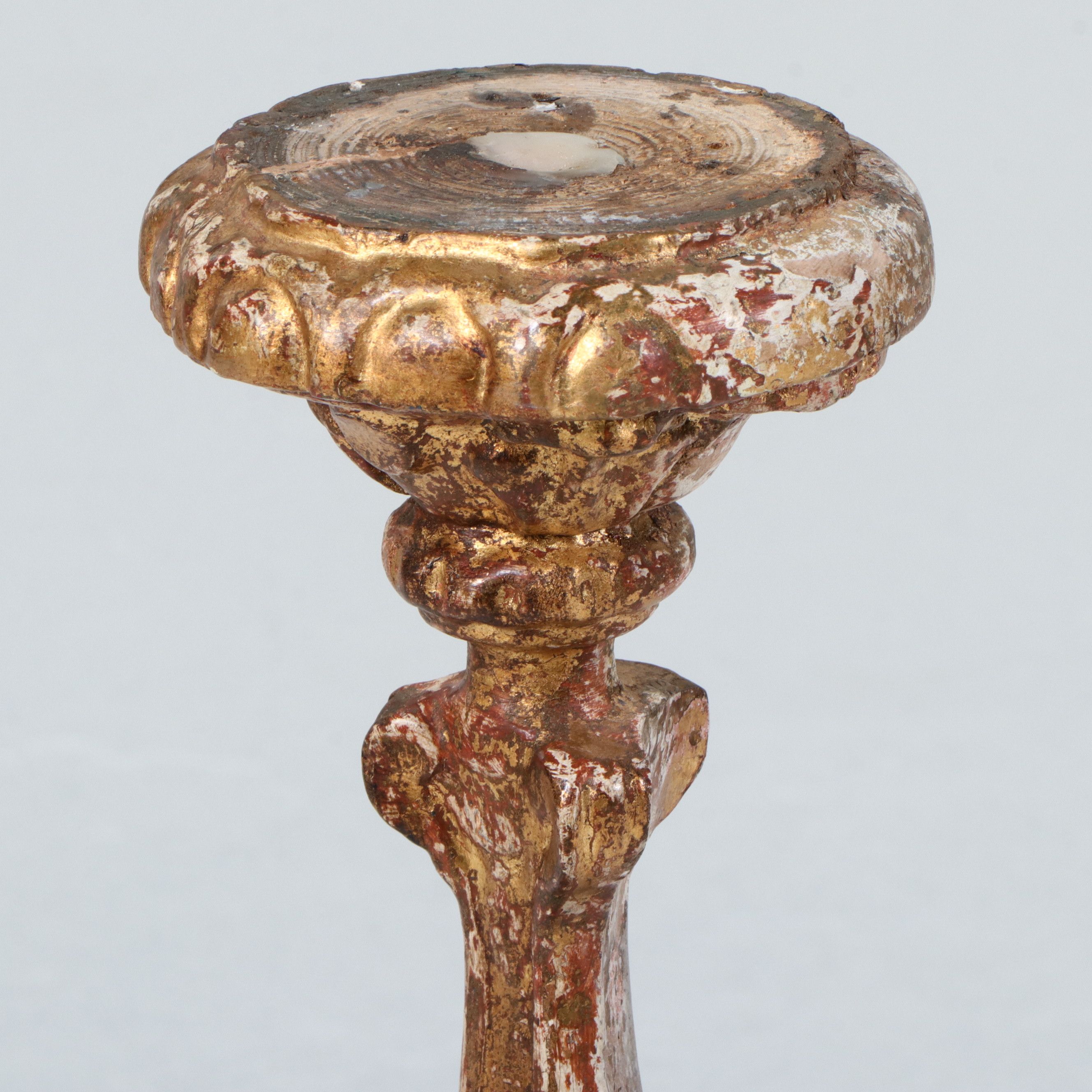 Baroque Style Distressed Giltwood Pillar Candle Holders