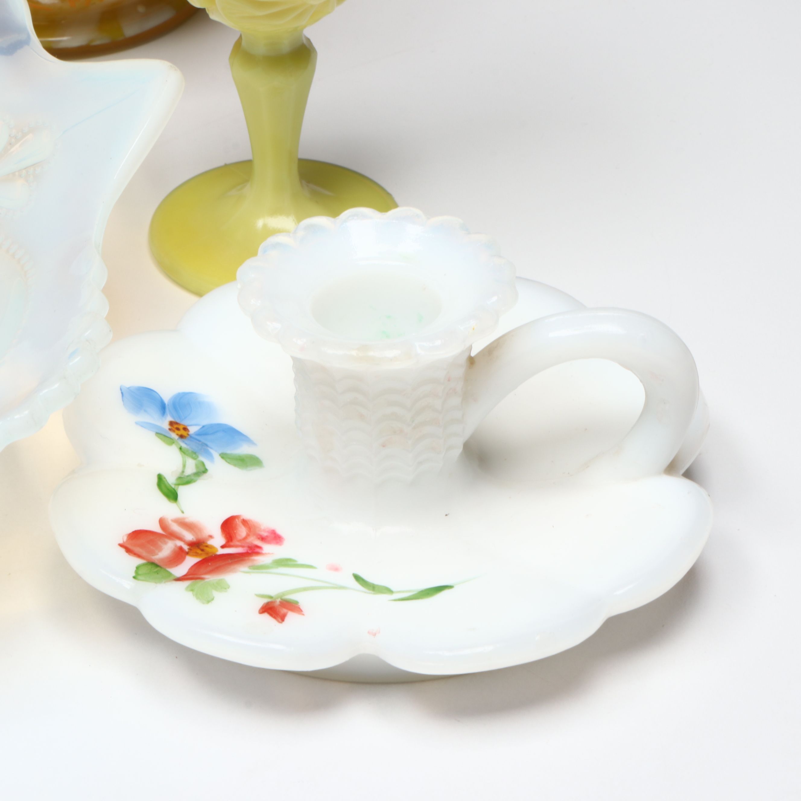 Victorian Style Yellow Glass Lidded Compote with Other Vintage Glass Tableware