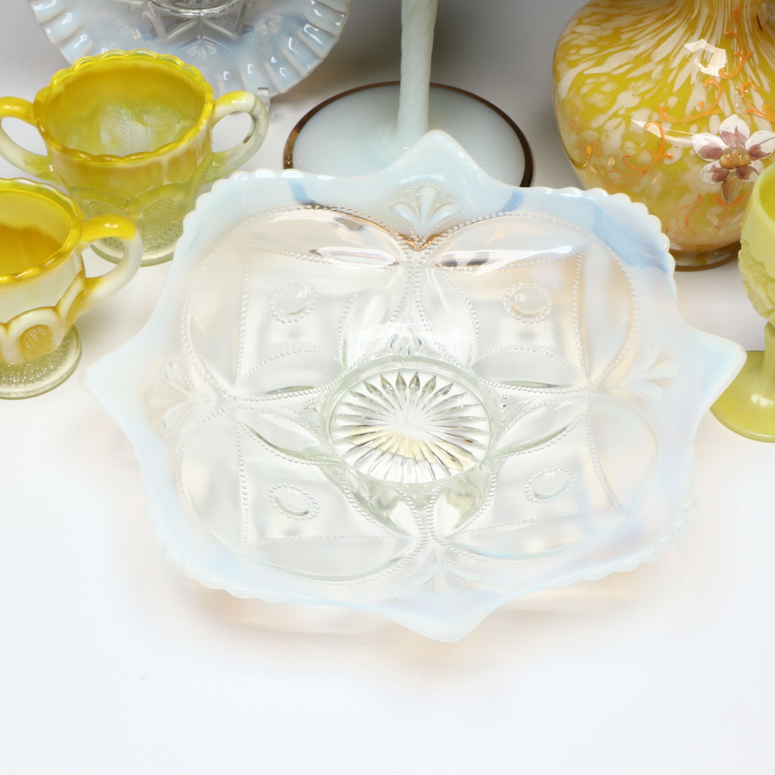 Victorian Style Yellow Glass Lidded Compote with Other Vintage Glass Tableware