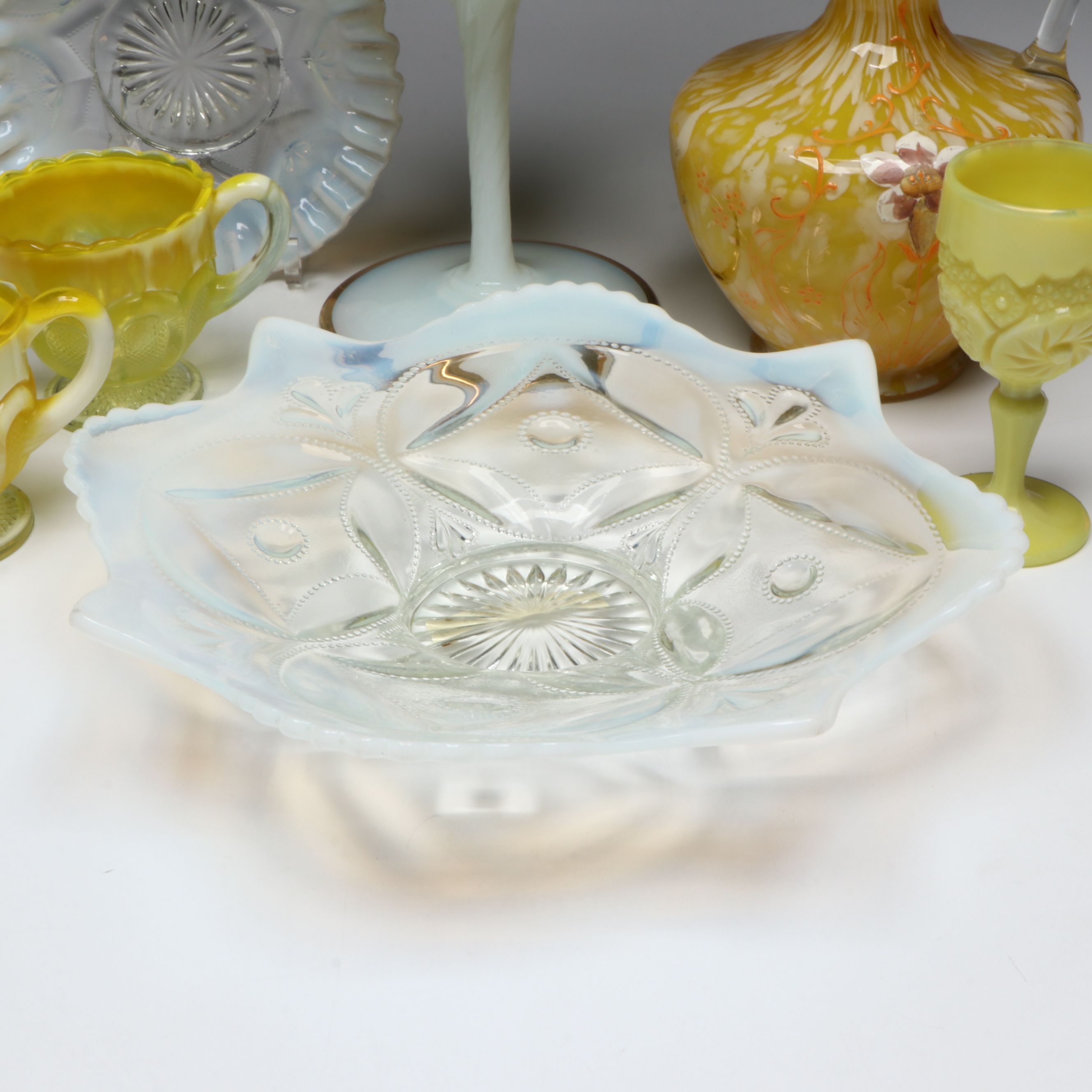 Victorian Style Yellow Glass Lidded Compote with Other Vintage Glass Tableware