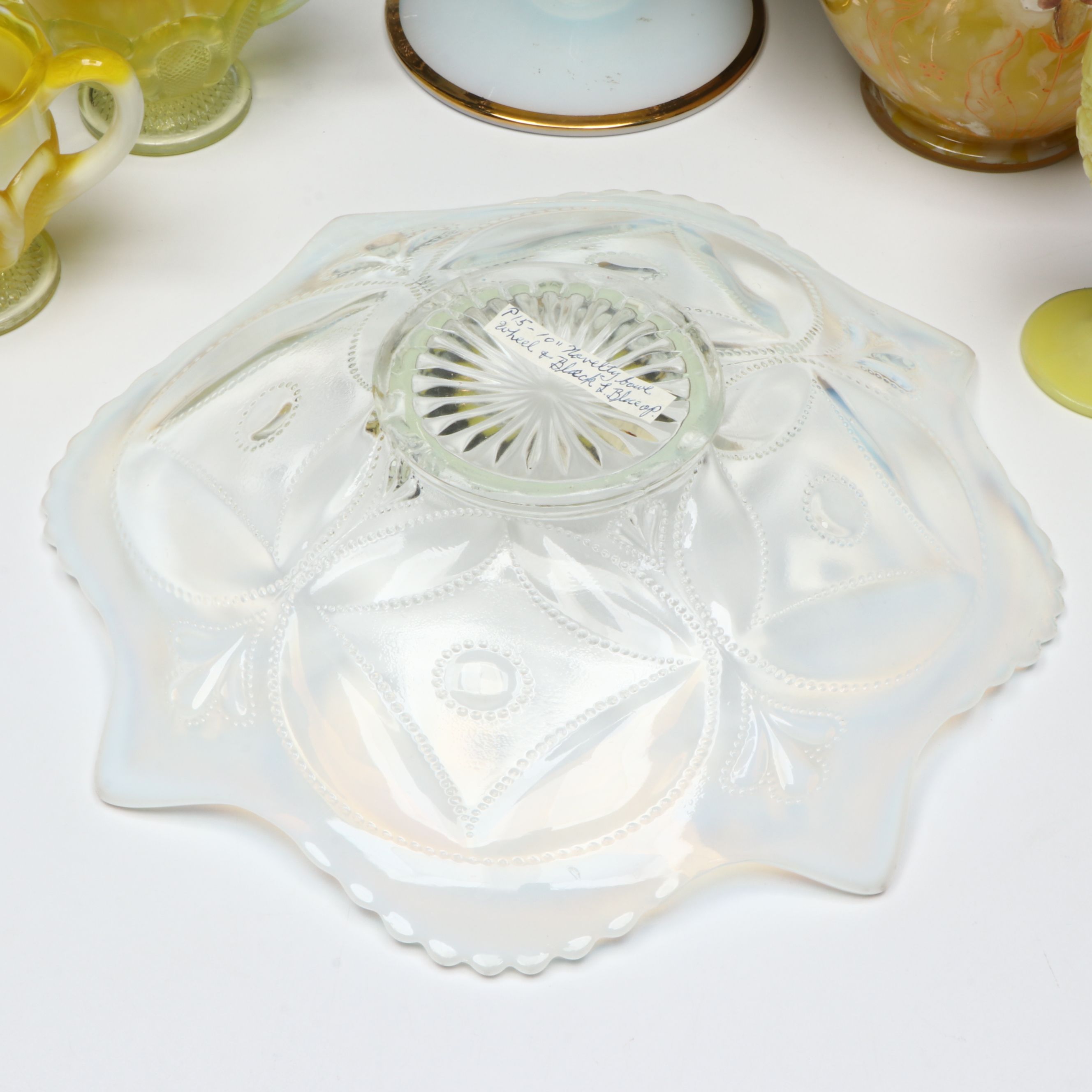 Victorian Style Yellow Glass Lidded Compote with Other Vintage Glass Tableware