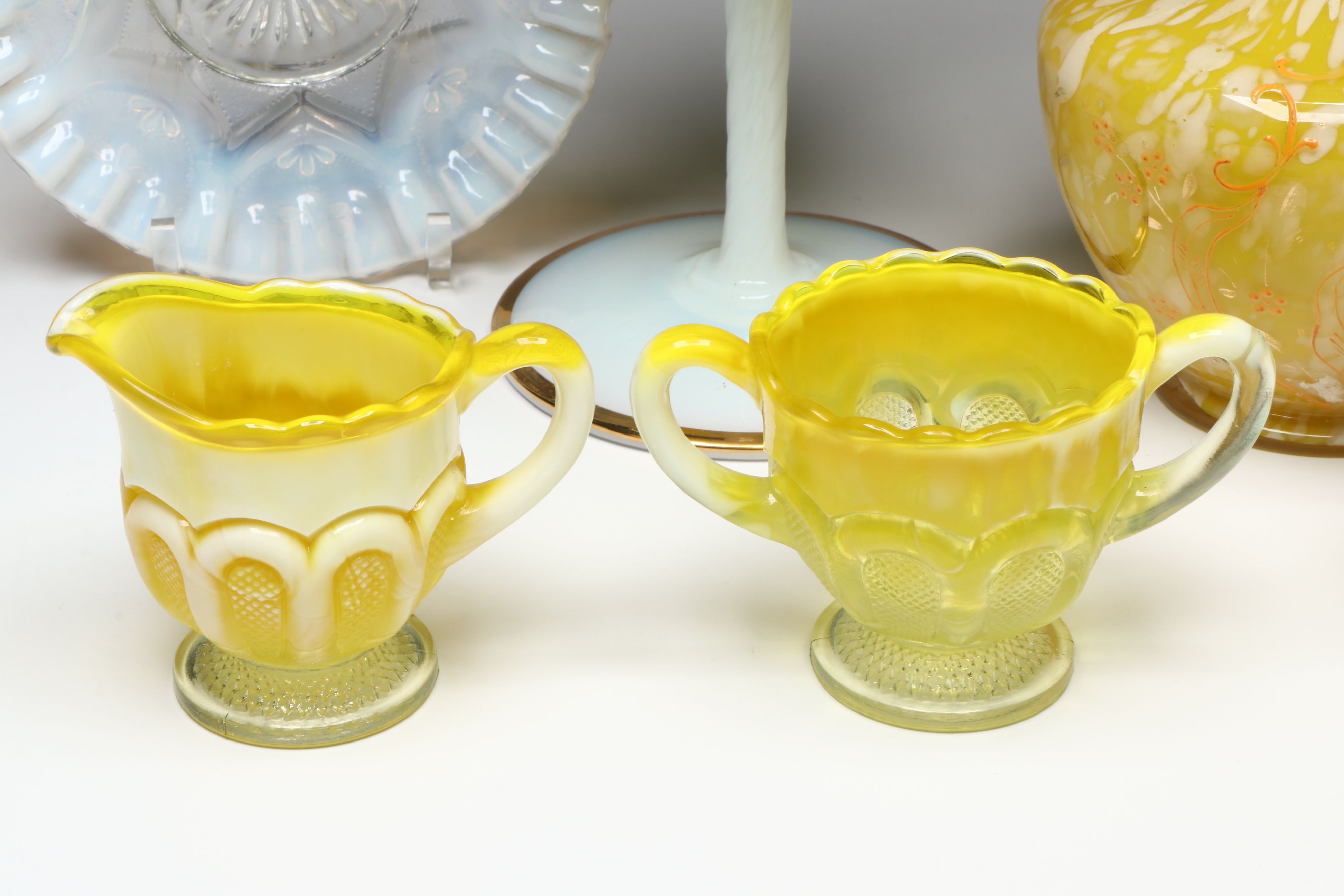 Victorian Style Yellow Glass Lidded Compote with Other Vintage Glass Tableware