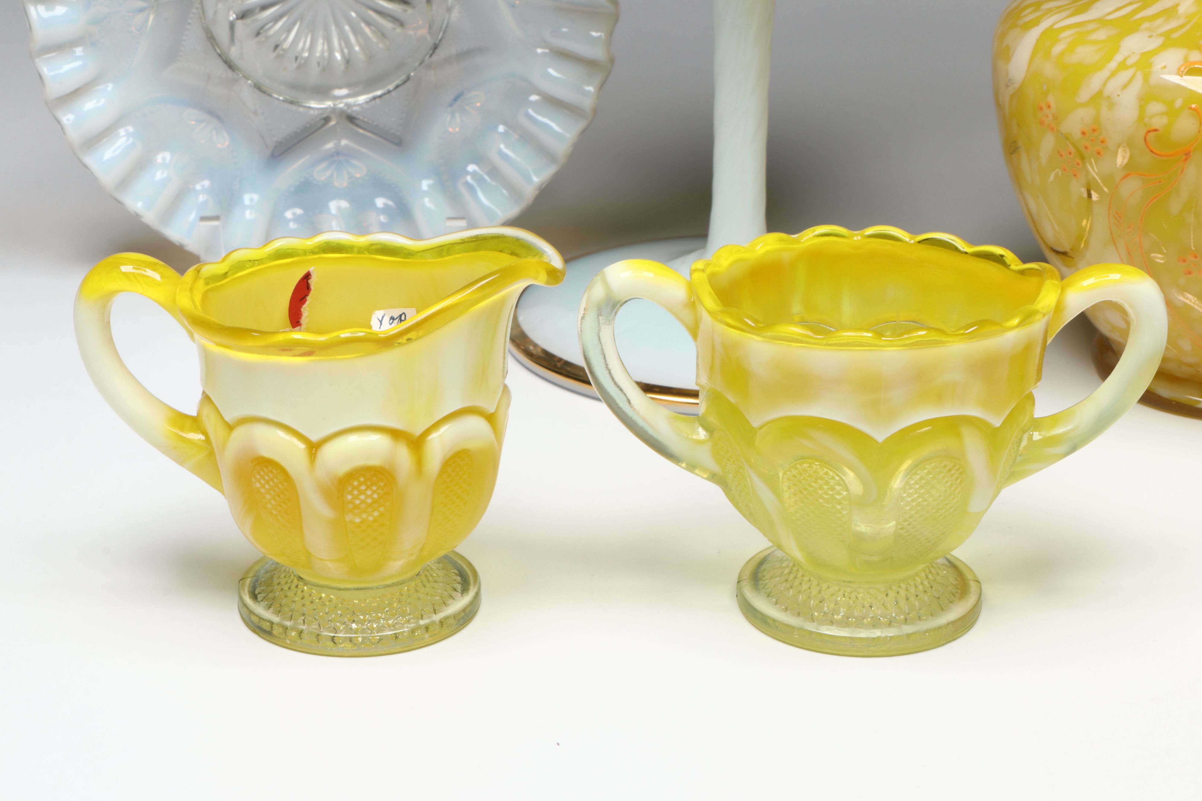 Victorian Style Yellow Glass Lidded Compote with Other Vintage Glass Tableware