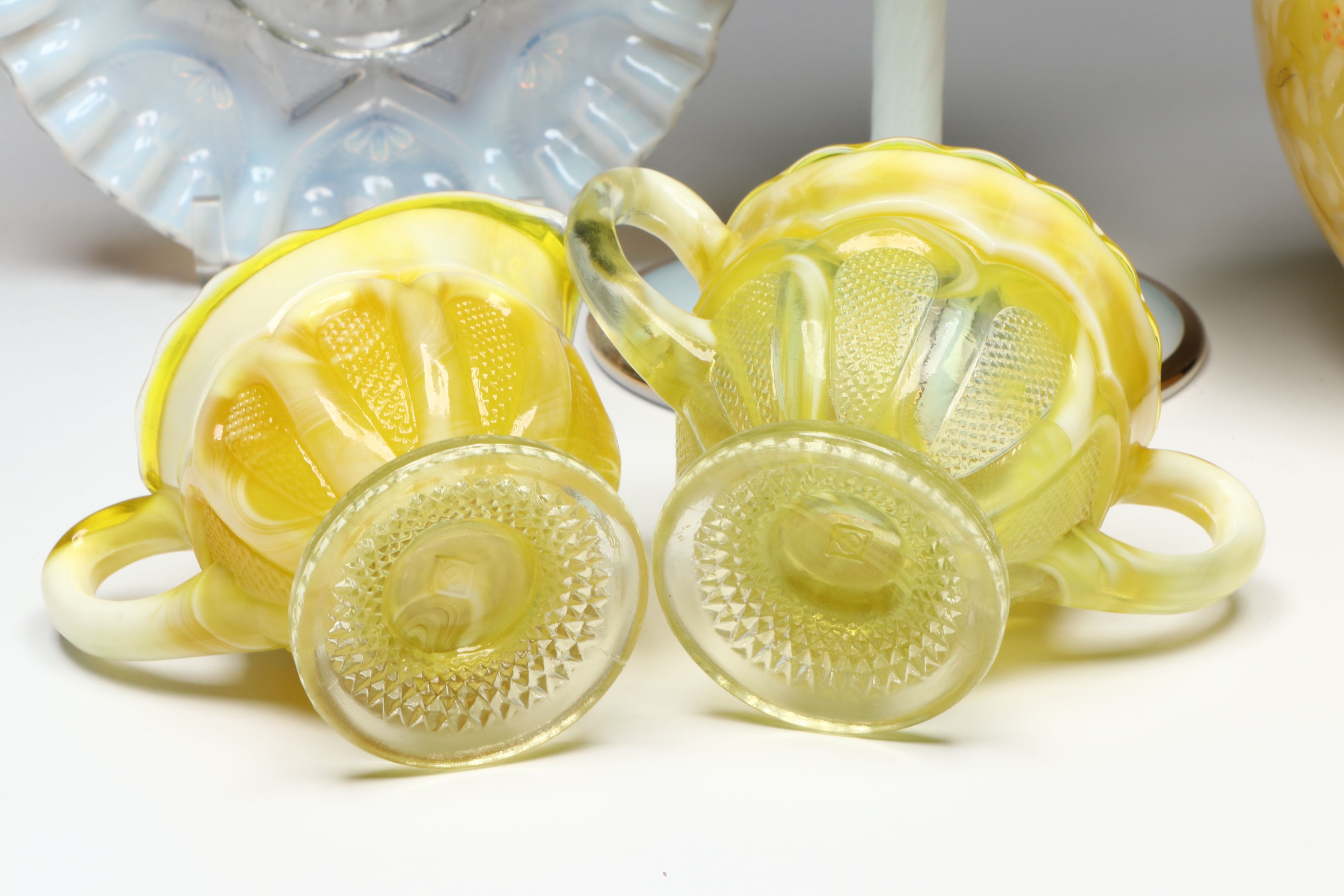 Victorian Style Yellow Glass Lidded Compote with Other Vintage Glass Tableware