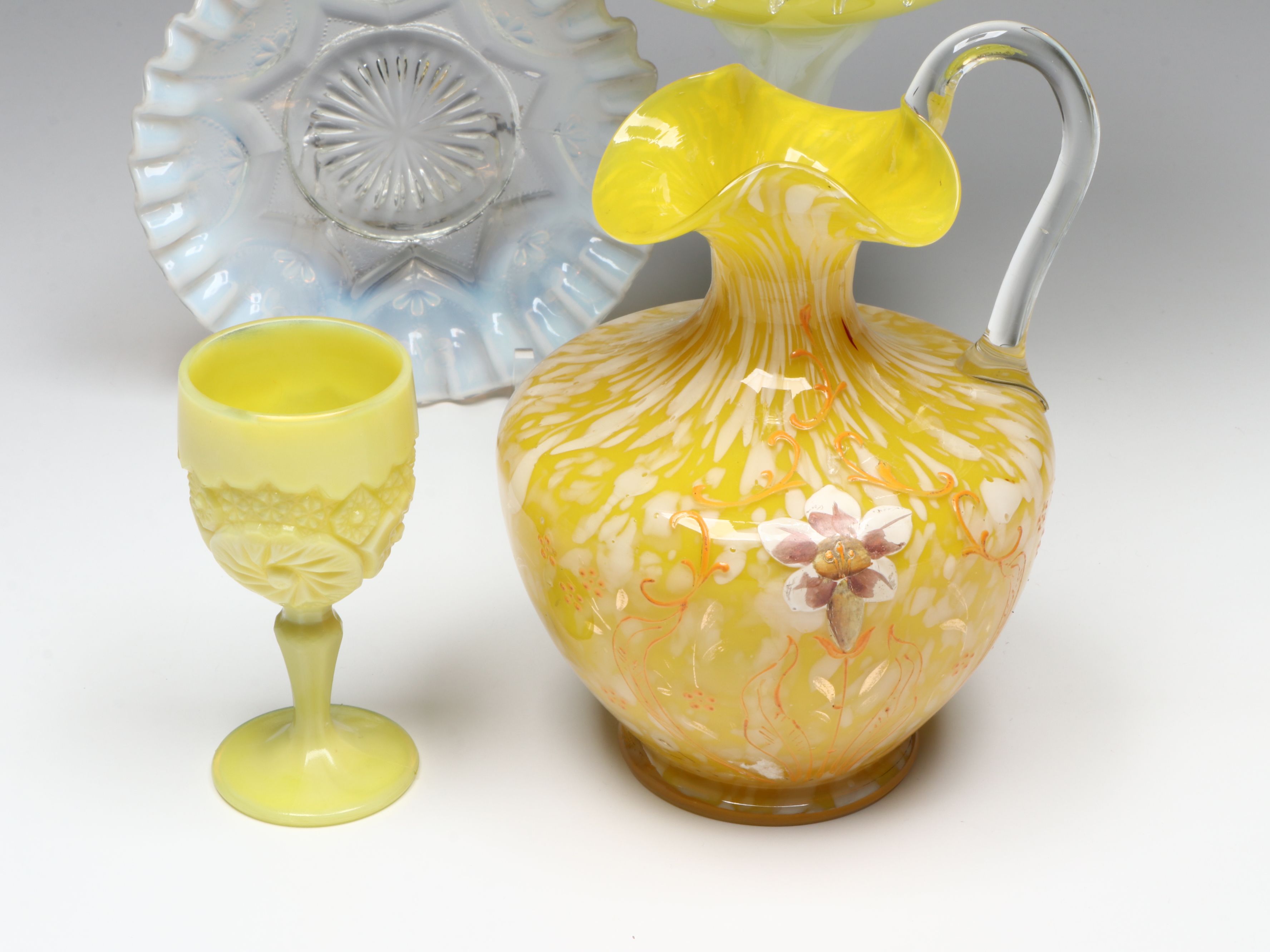 Victorian Style Yellow Glass Lidded Compote with Other Vintage Glass Tableware