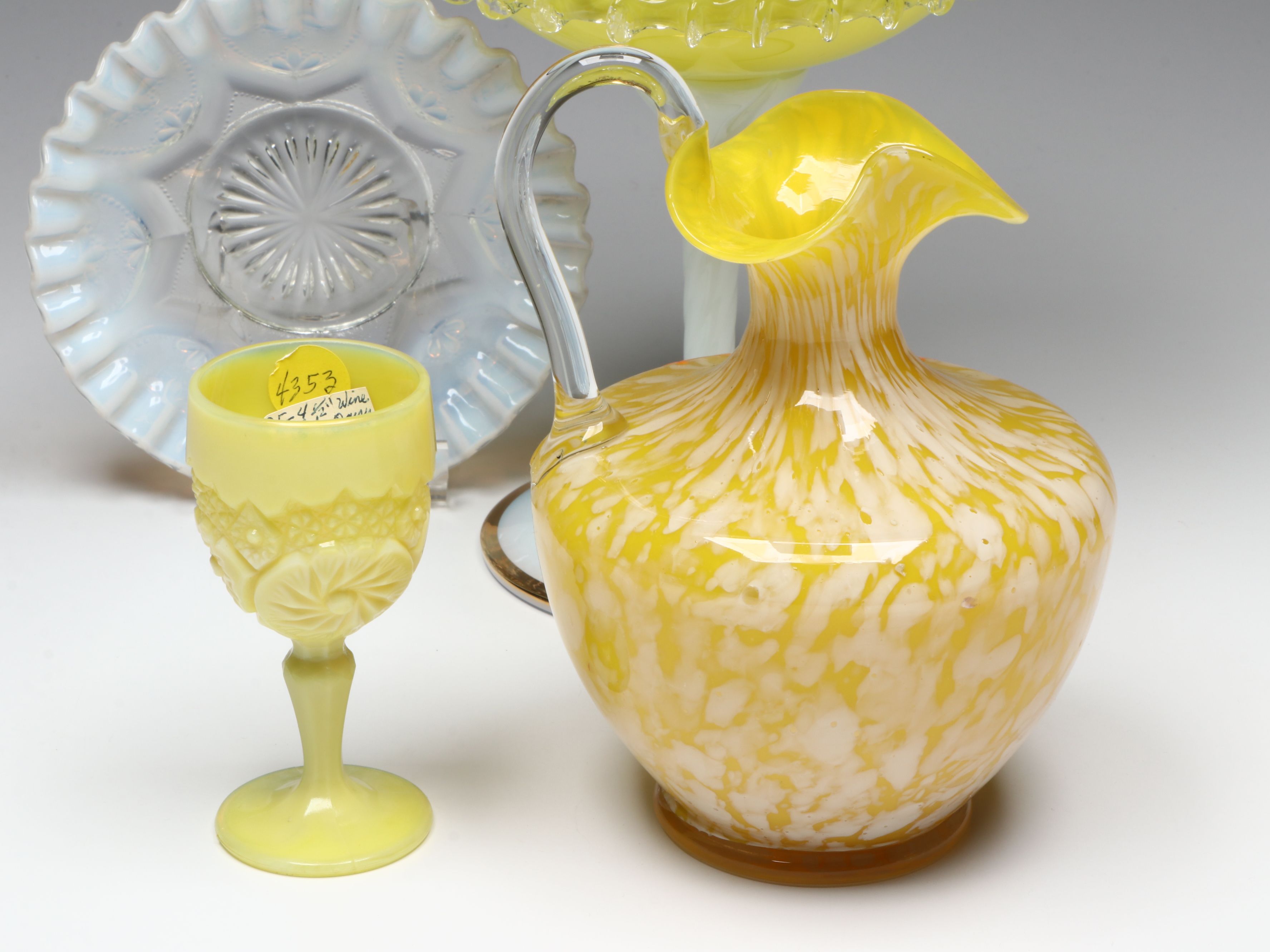 Victorian Style Yellow Glass Lidded Compote with Other Vintage Glass Tableware
