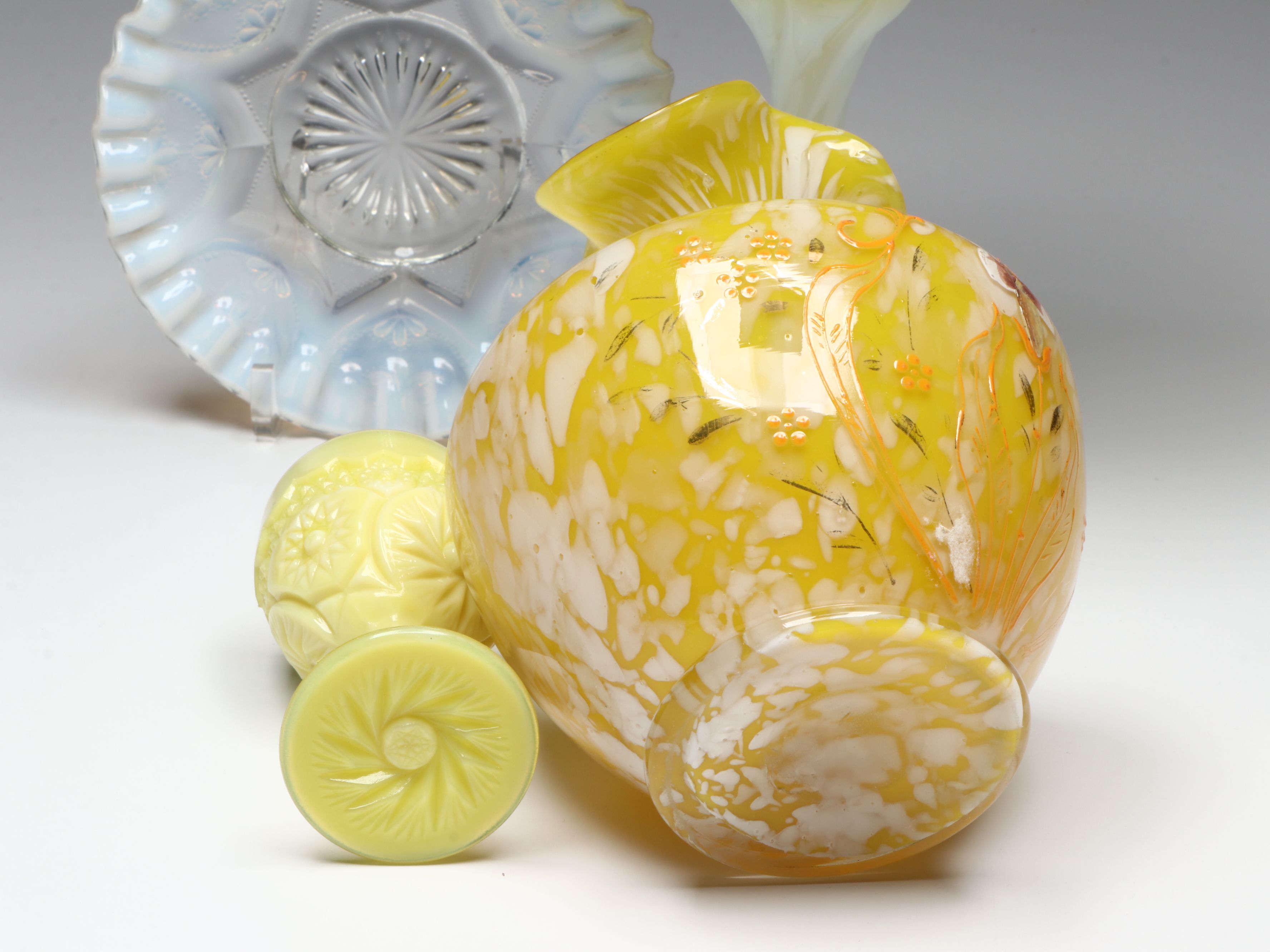 Victorian Style Yellow Glass Lidded Compote with Other Vintage Glass Tableware