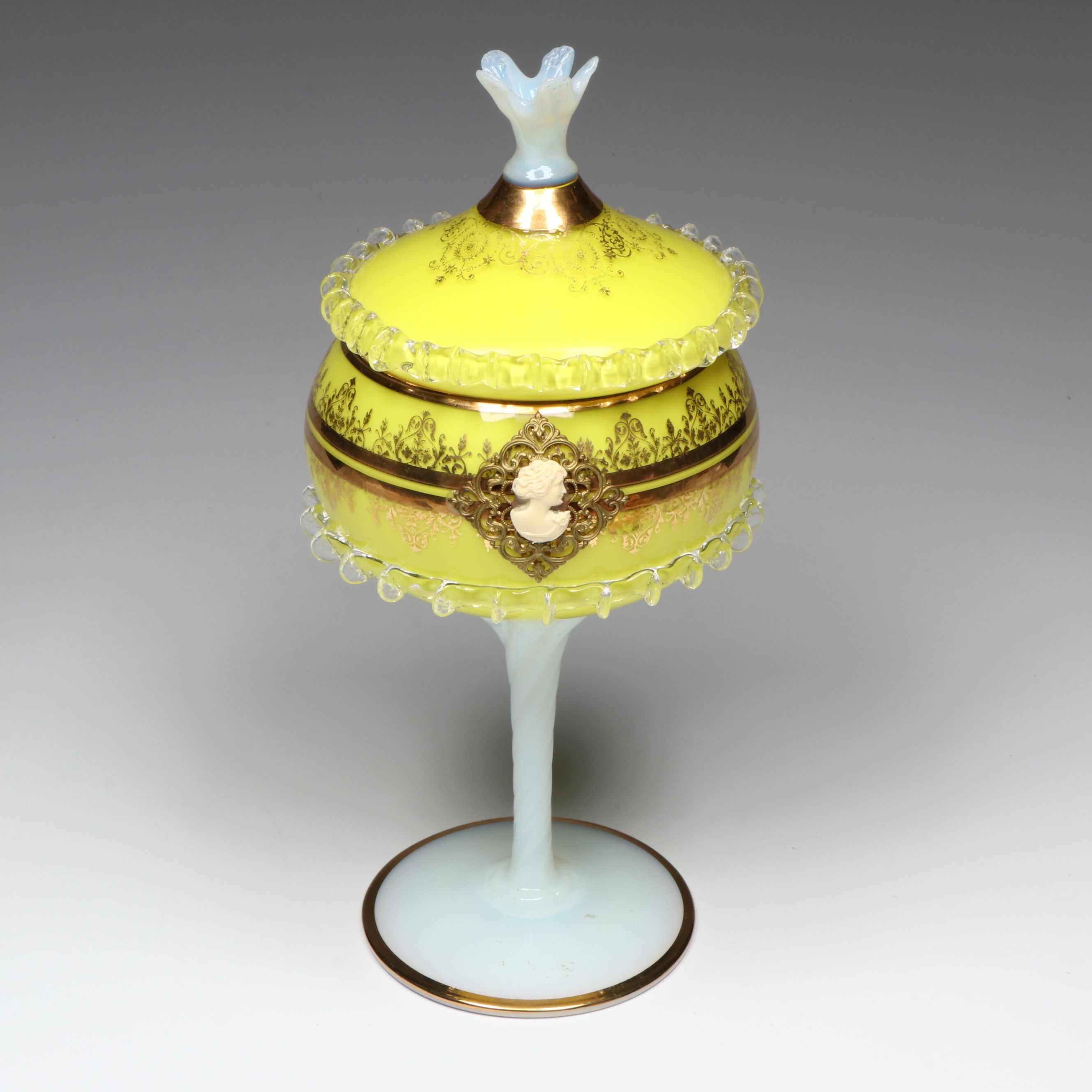 Victorian Style Yellow Glass Lidded Compote with Other Vintage Glass Tableware