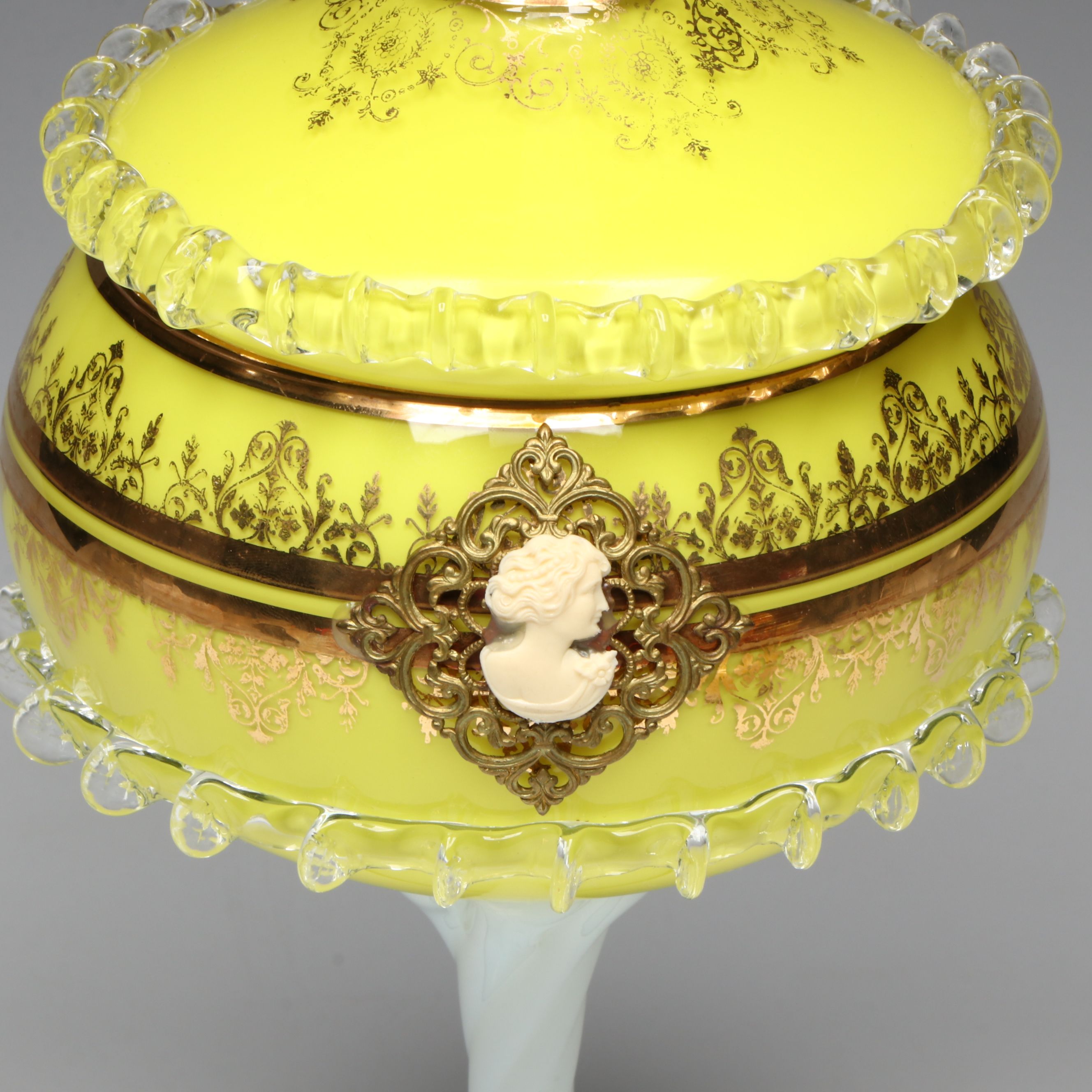 Victorian Style Yellow Glass Lidded Compote with Other Vintage Glass Tableware