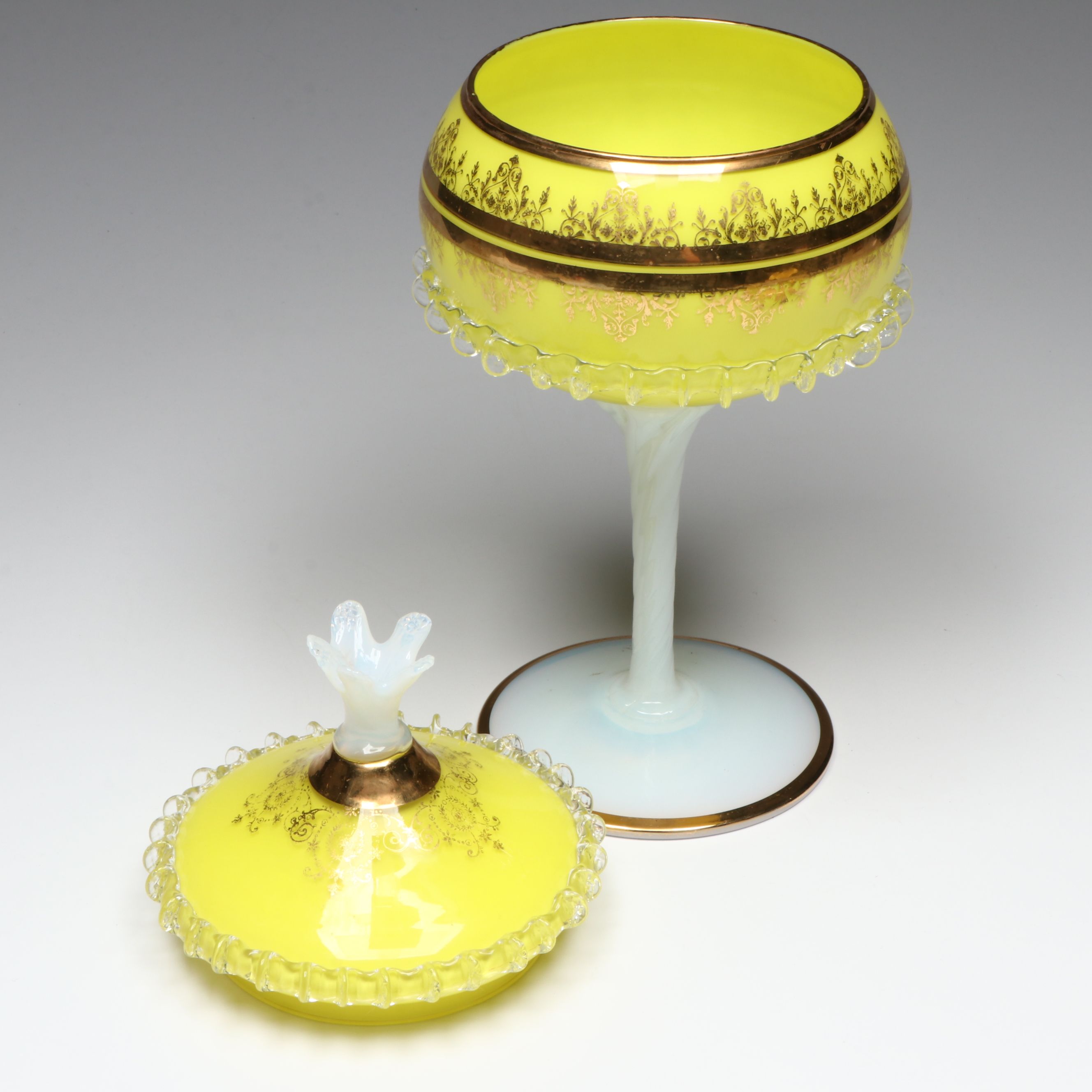 Victorian Style Yellow Glass Lidded Compote with Other Vintage Glass Tableware