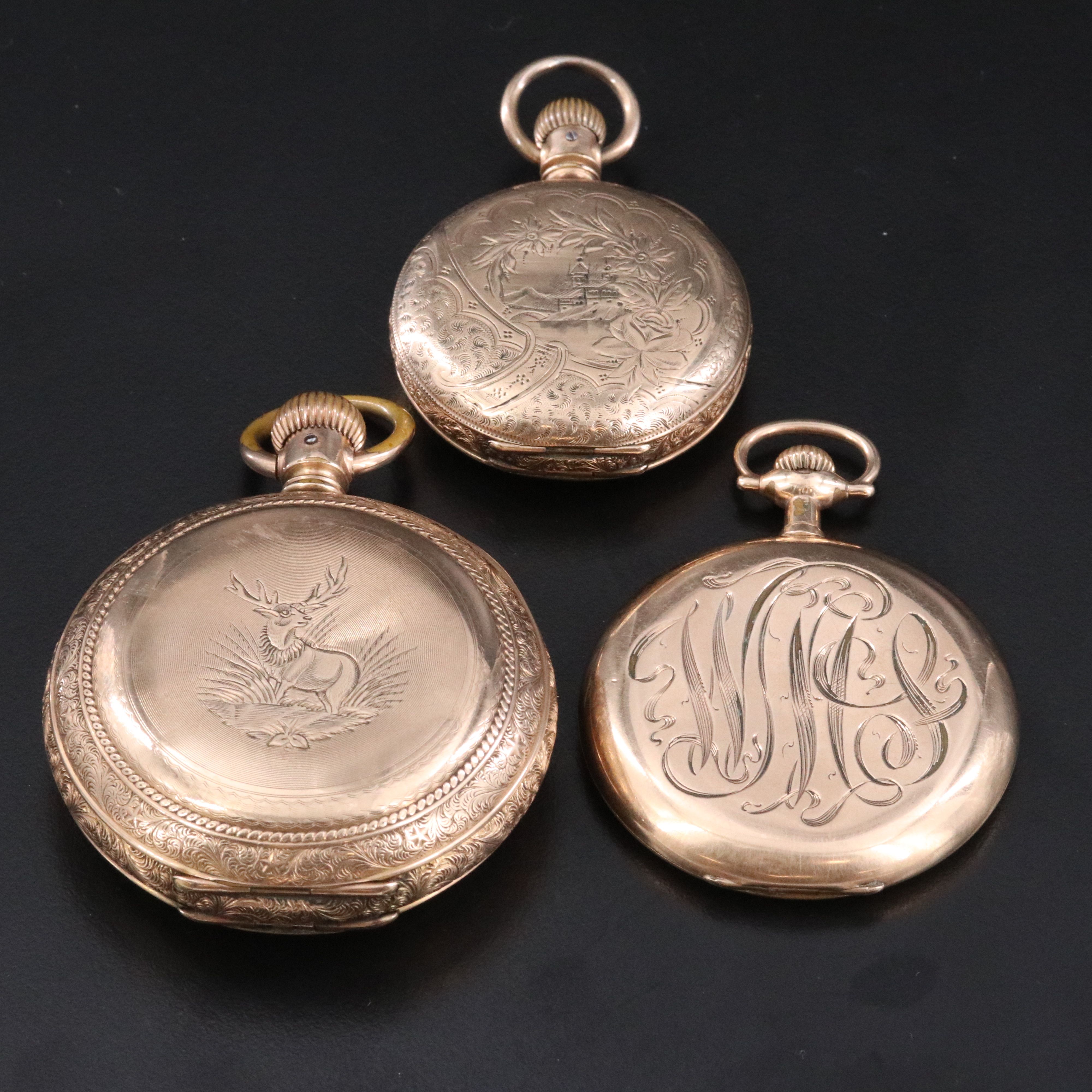 Ornate Gold-Filled Vintage Pocket Watches Featuring Waltham