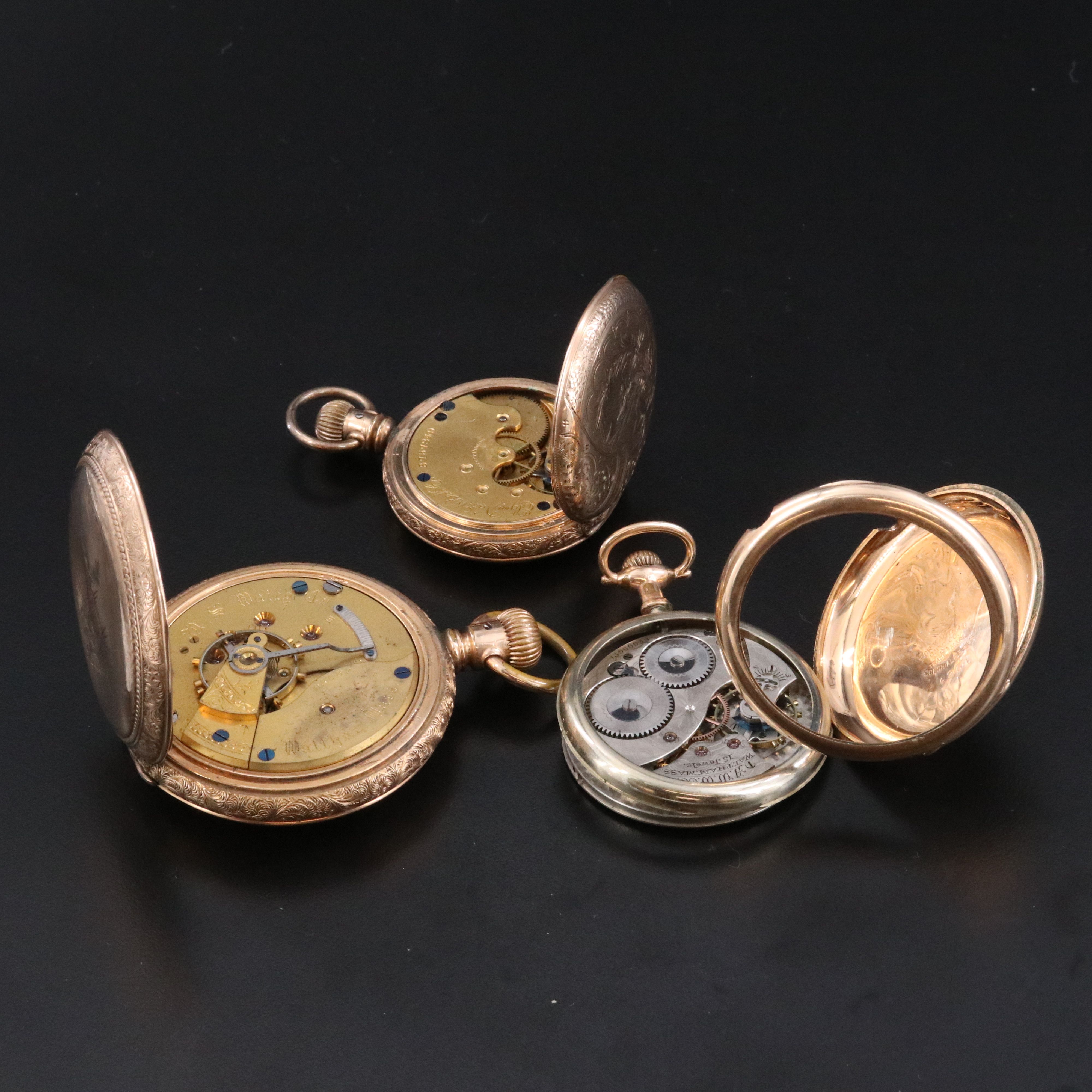 Ornate Gold-Filled Vintage Pocket Watches Featuring Waltham