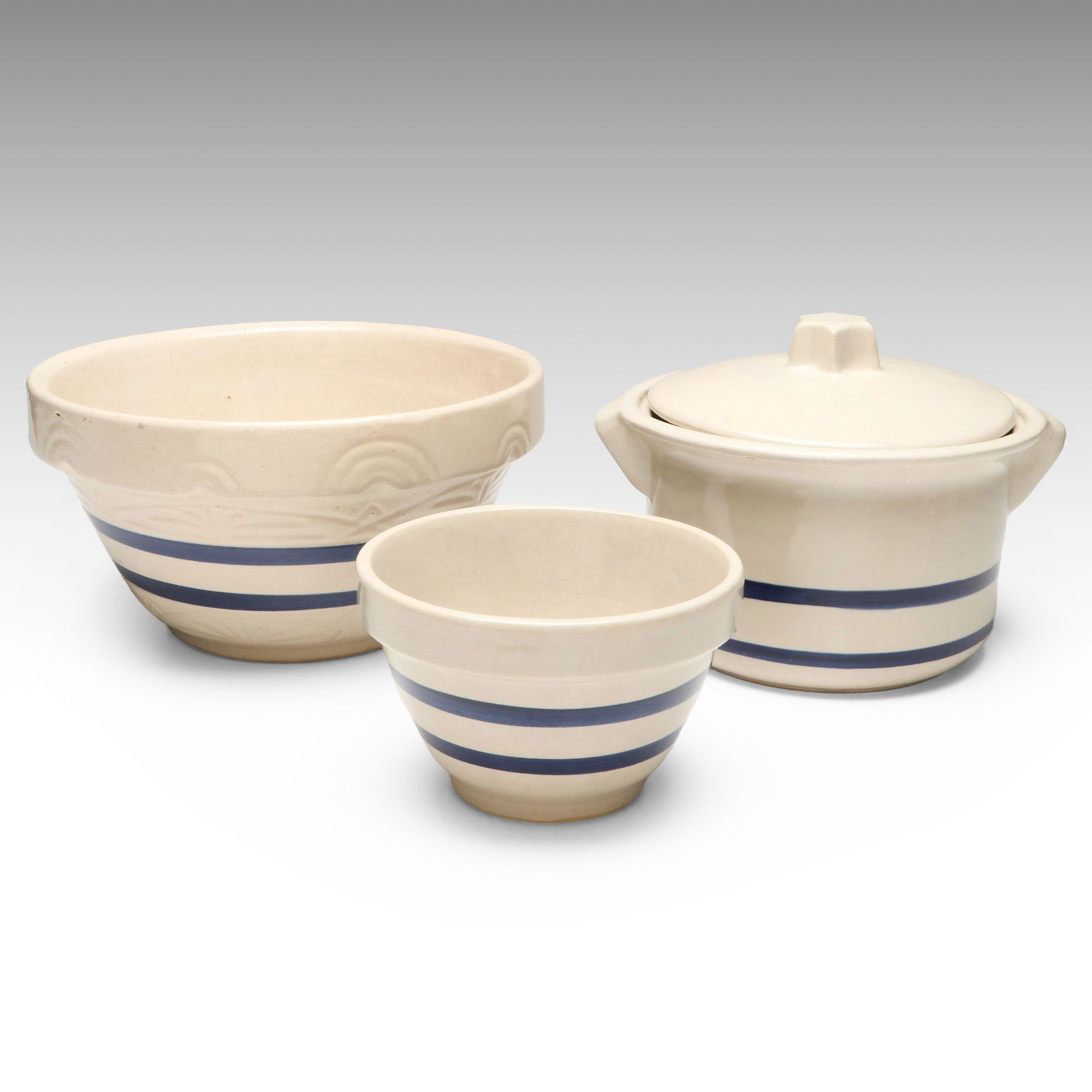 Robinson Ransbottom Cobalt Stoneware Mixing Bowls and Lidded Crock