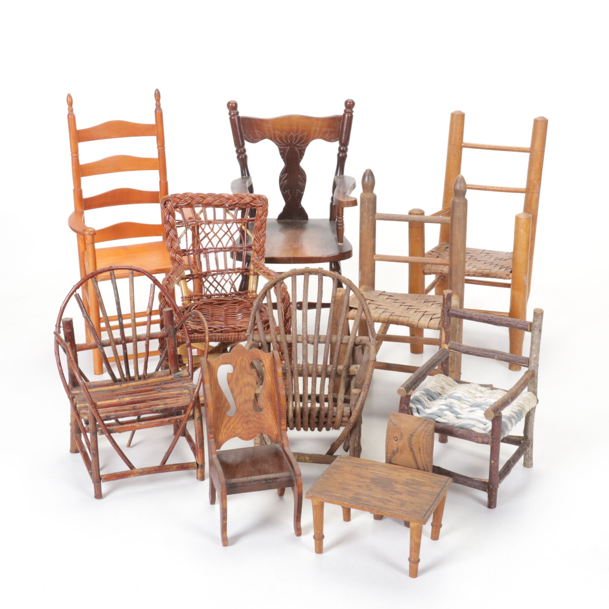 Primitive Style Hand Carved Wooden Doll Chairs in Assorted Sizes