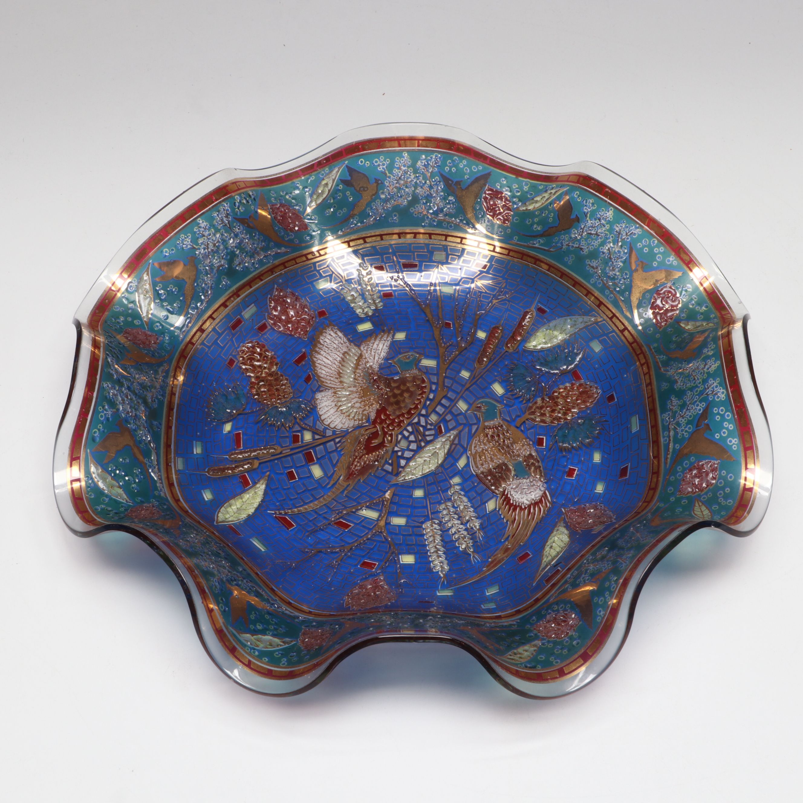 Handkerchief Mosaic Glass Bowl with Gilt Rimmed Glass Cordials
