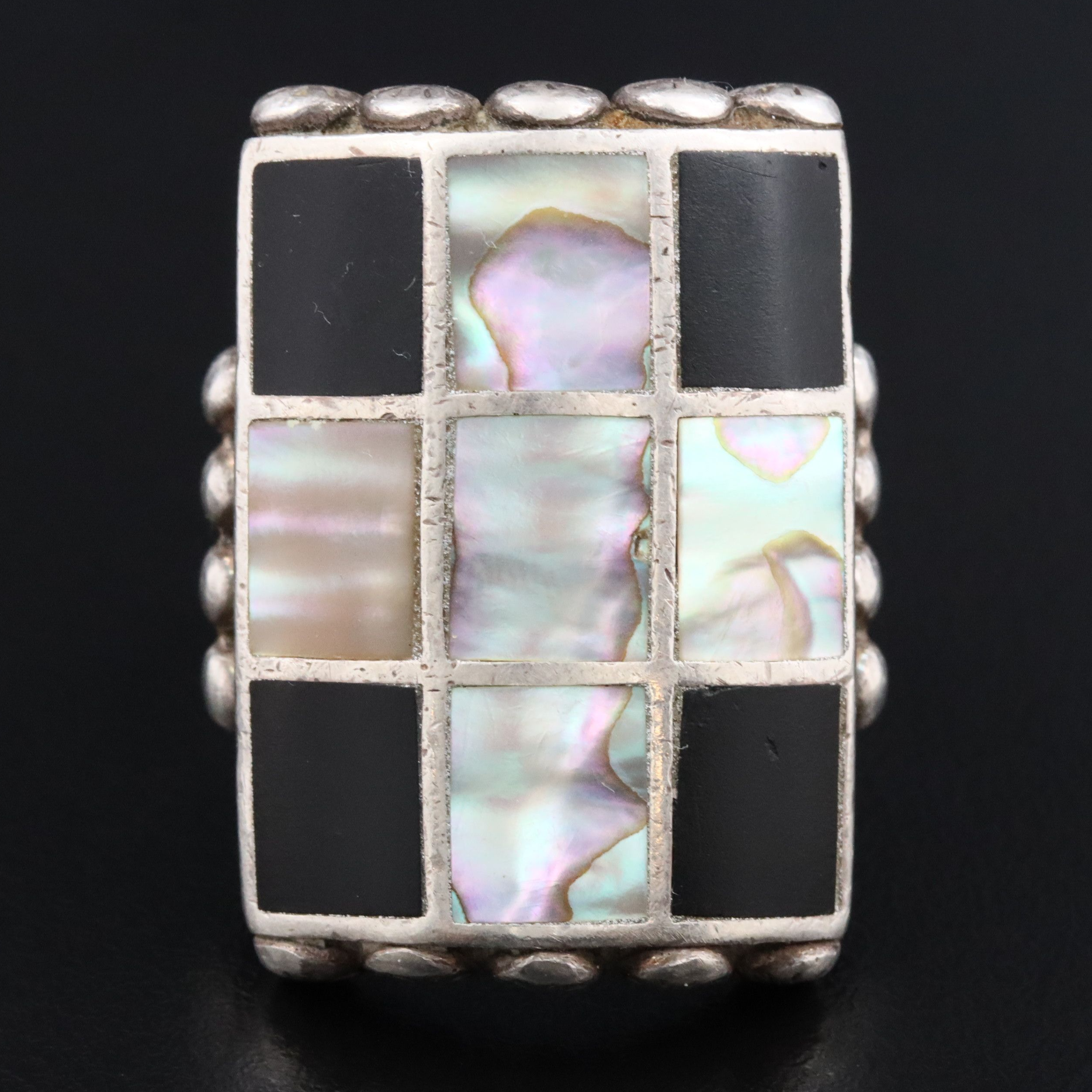 Sterling Abalone and Jet Statement Ring