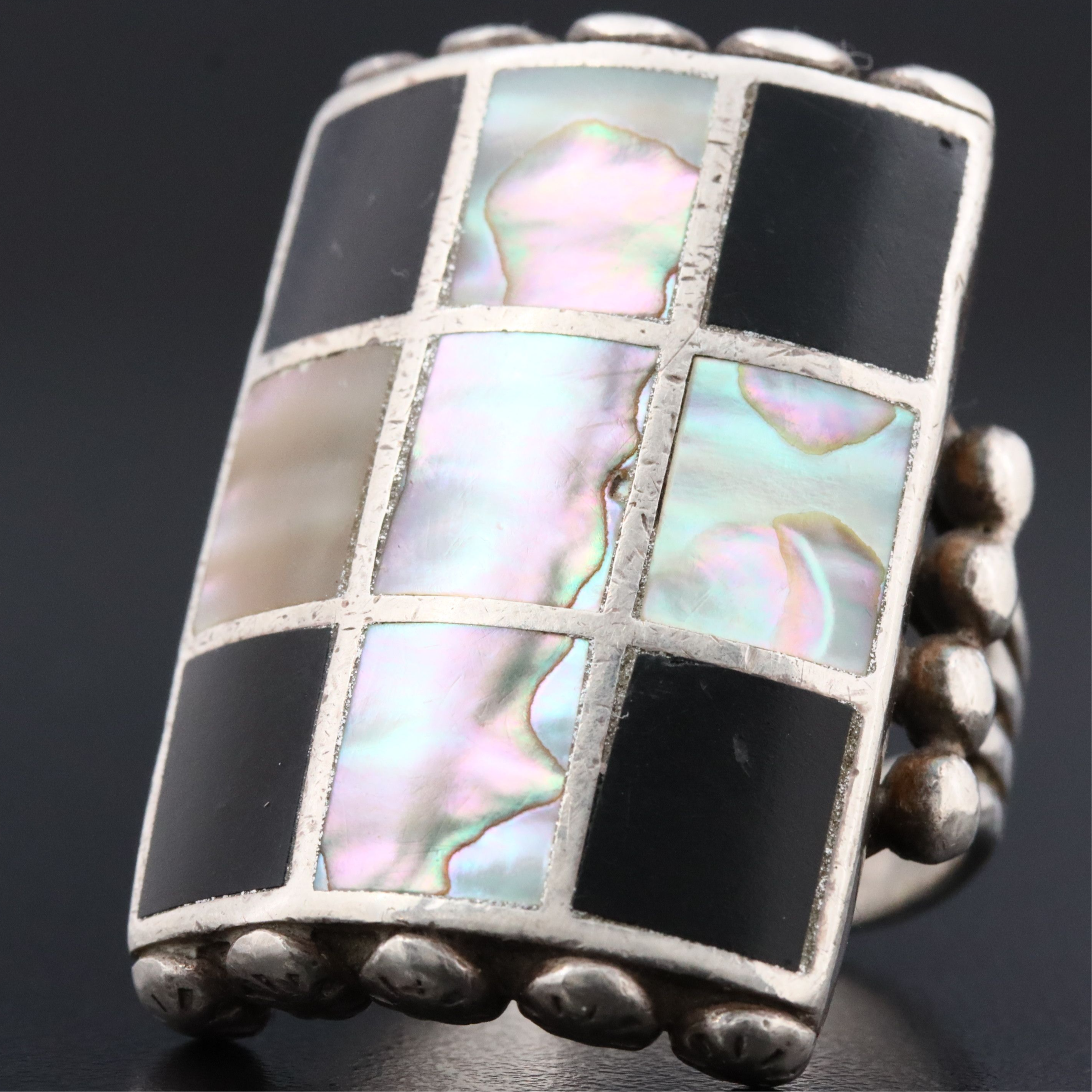Sterling Abalone and Jet Statement Ring