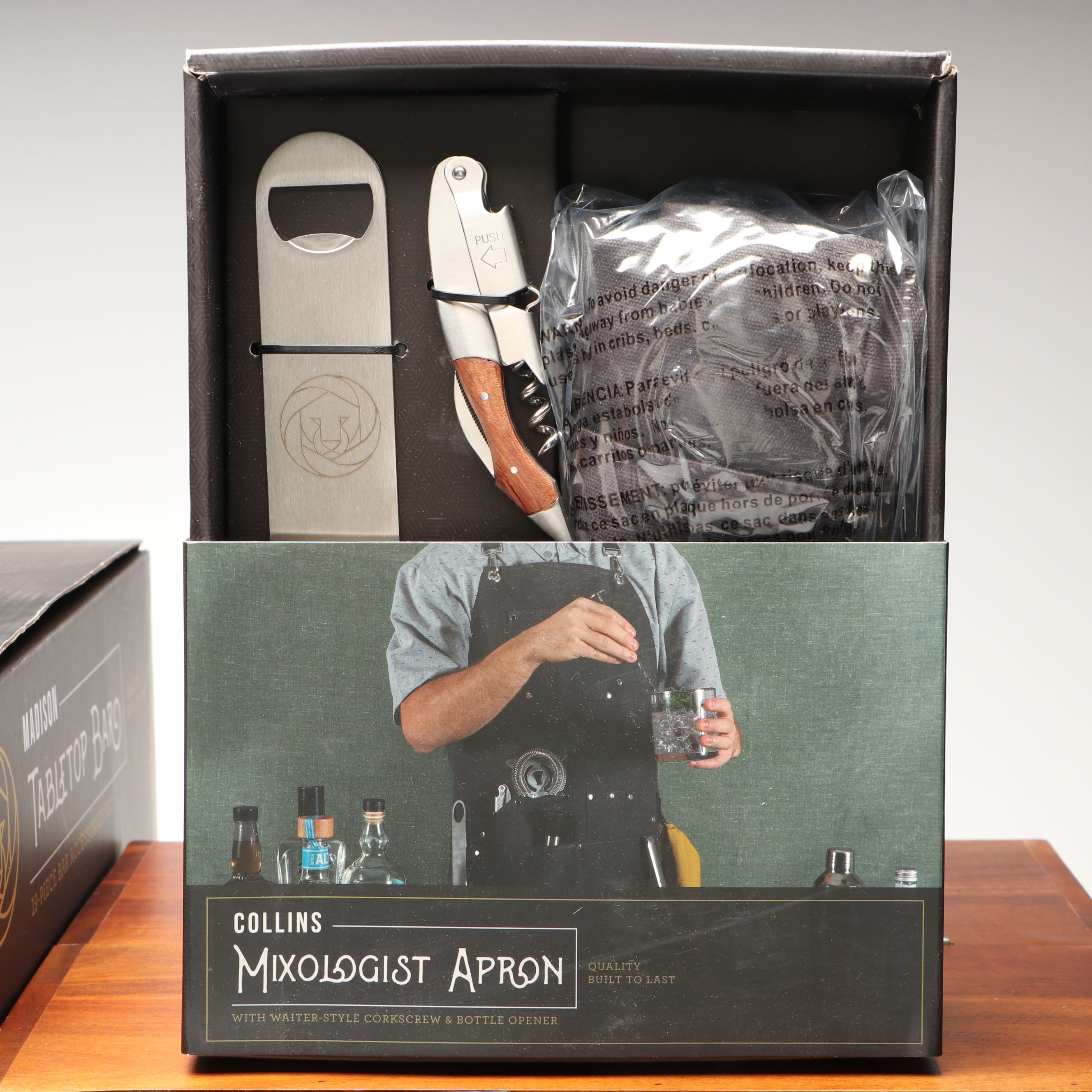 Legacy "Madison" Wooden Tabletop Bar with Cocktail Book and Other Bar Tools