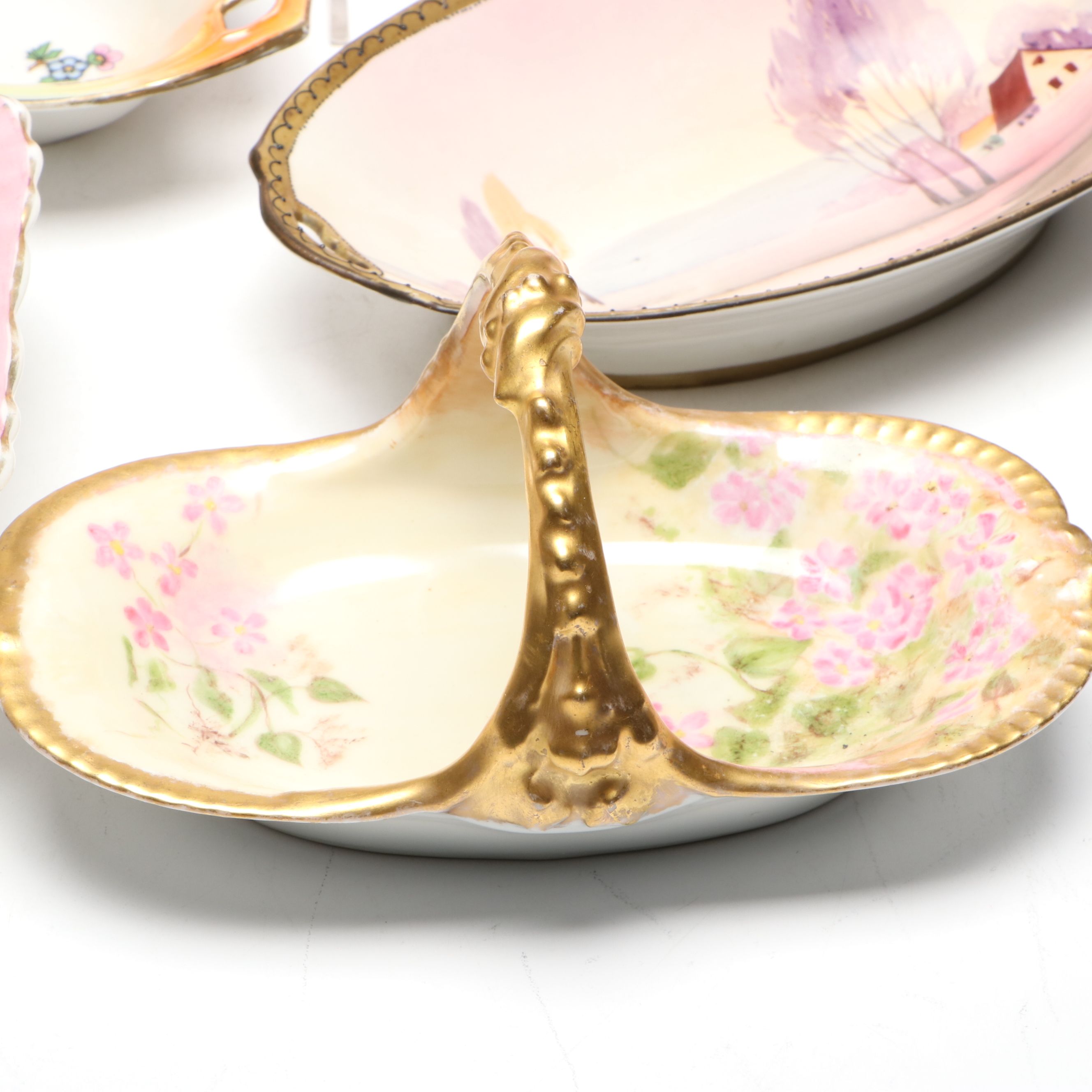 Limoges Basket Dish and Other Hand-Painted Gilt Porcelain Serving Dishes