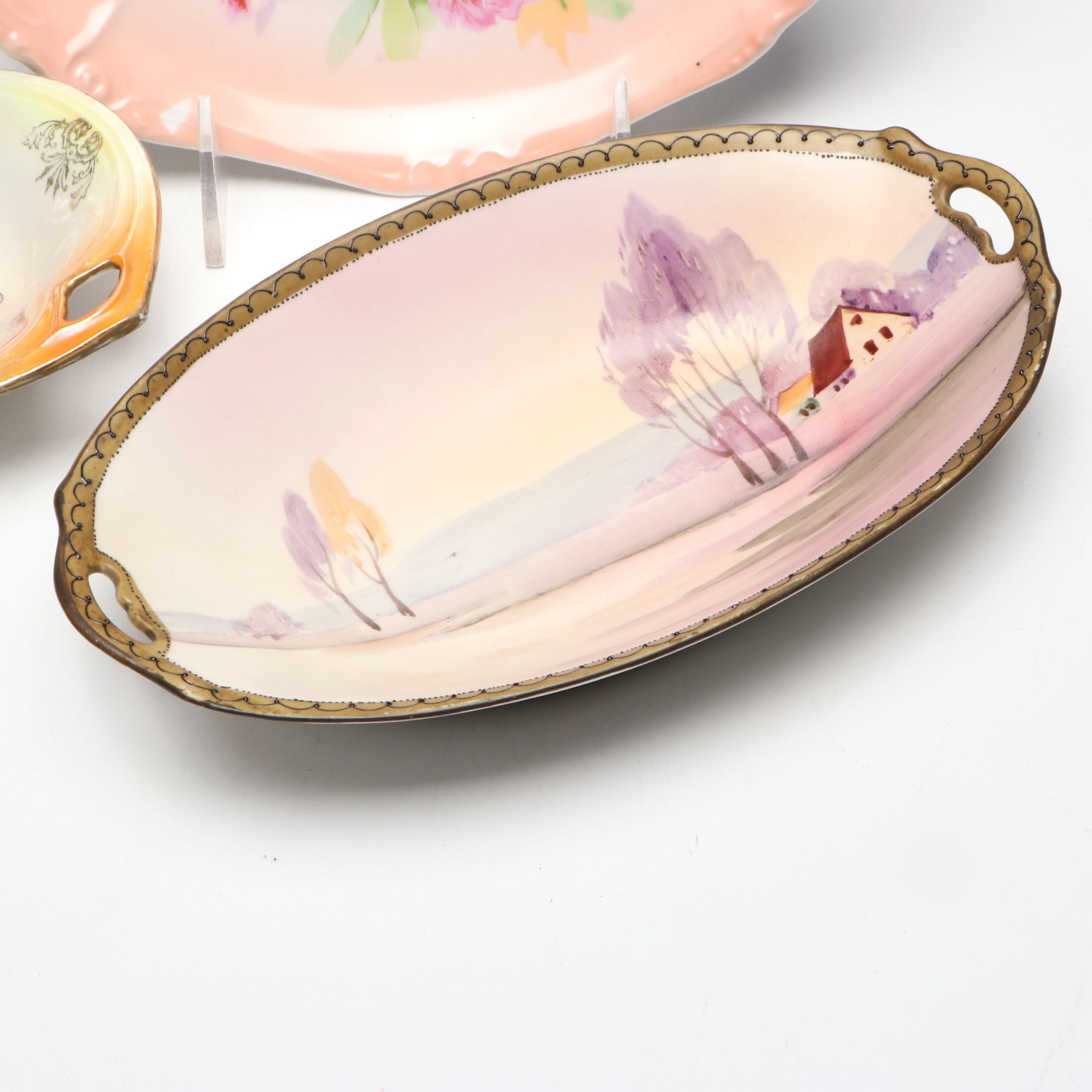 Limoges Basket Dish and Other Hand-Painted Gilt Porcelain Serving Dishes