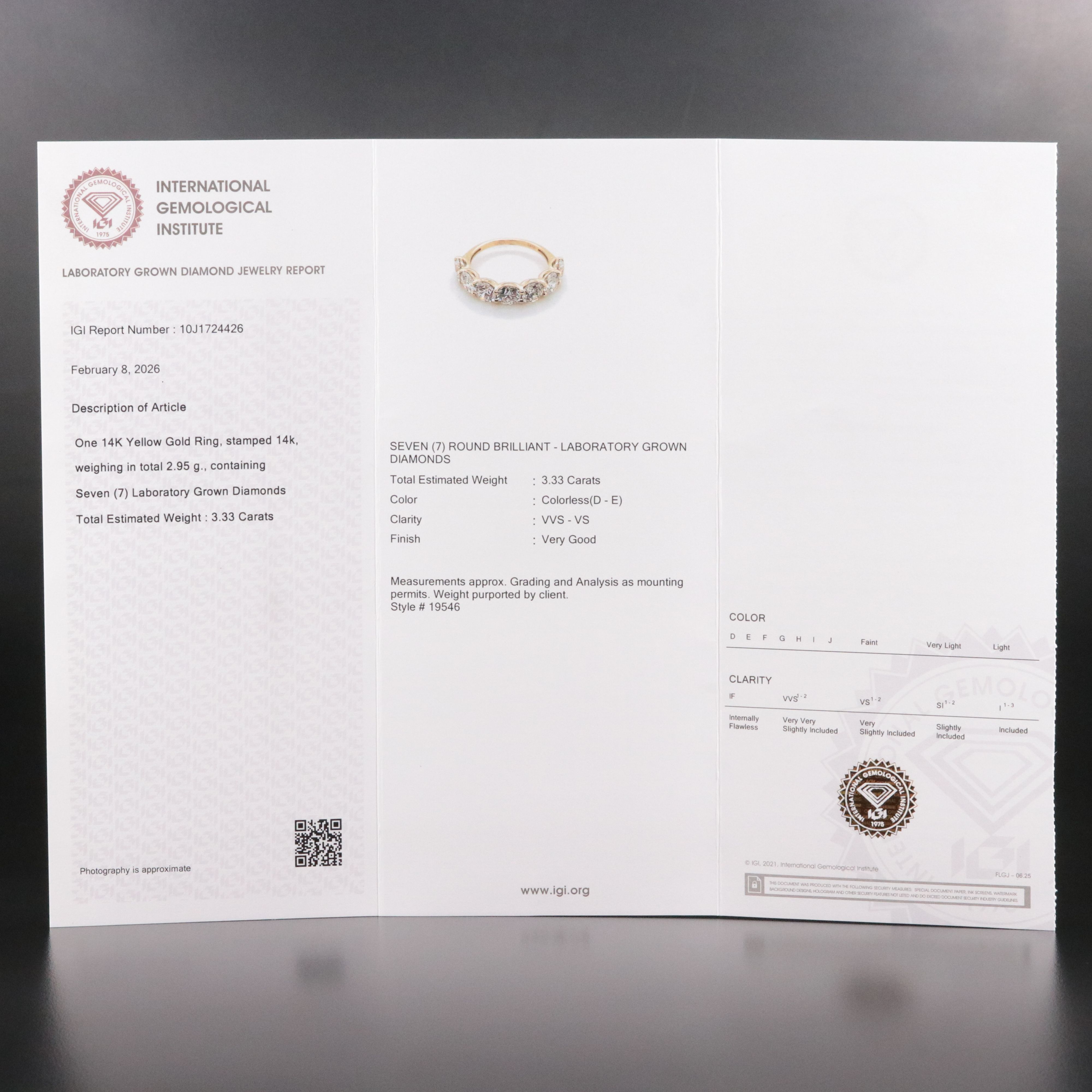 14K 3.33 CTW Lab Grown Diamond Ring with IGI Jewelry Report