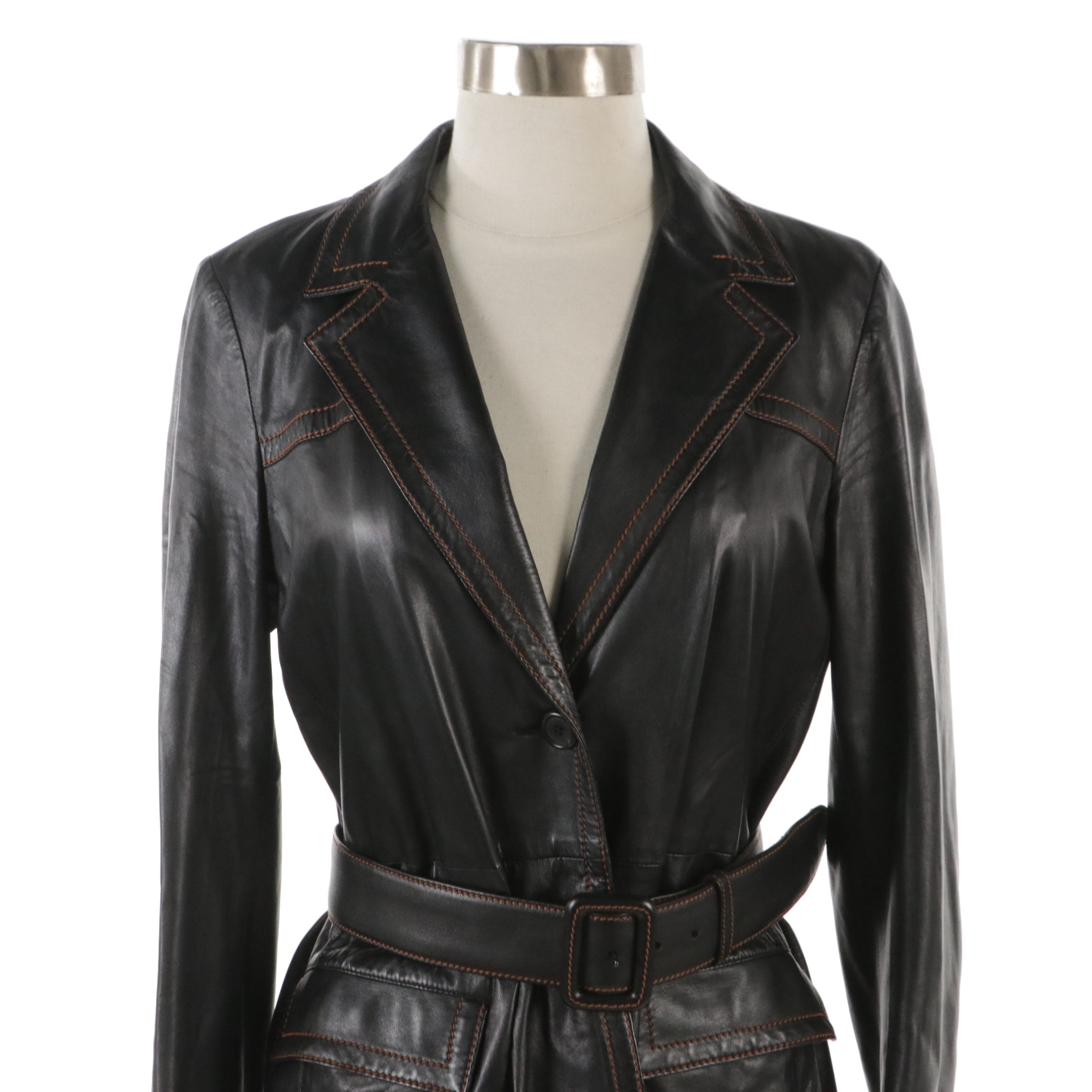 Prada Belted Lambskin Leather Coat with Contrast-Stitching