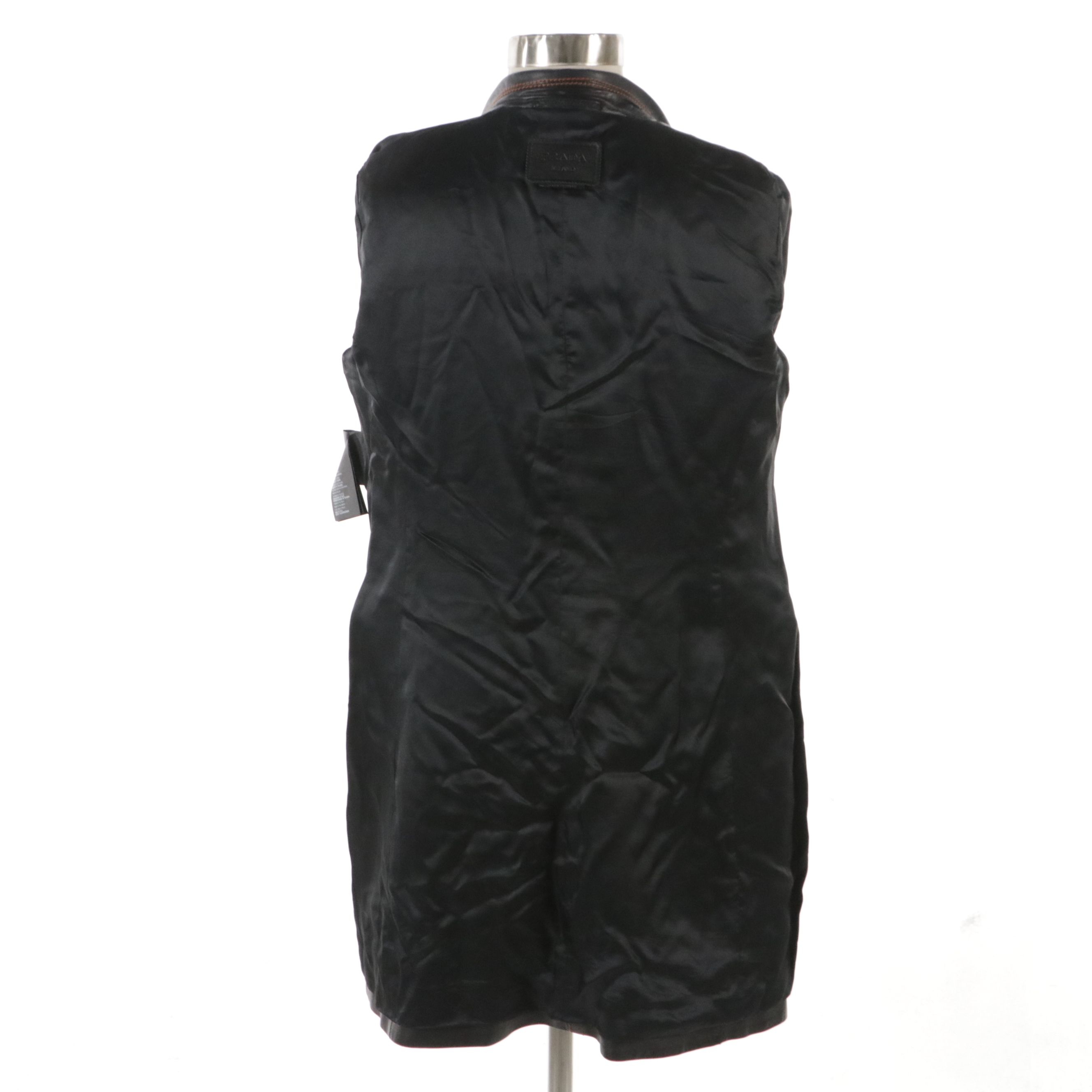 Prada Belted Lambskin Leather Coat with Contrast-Stitching